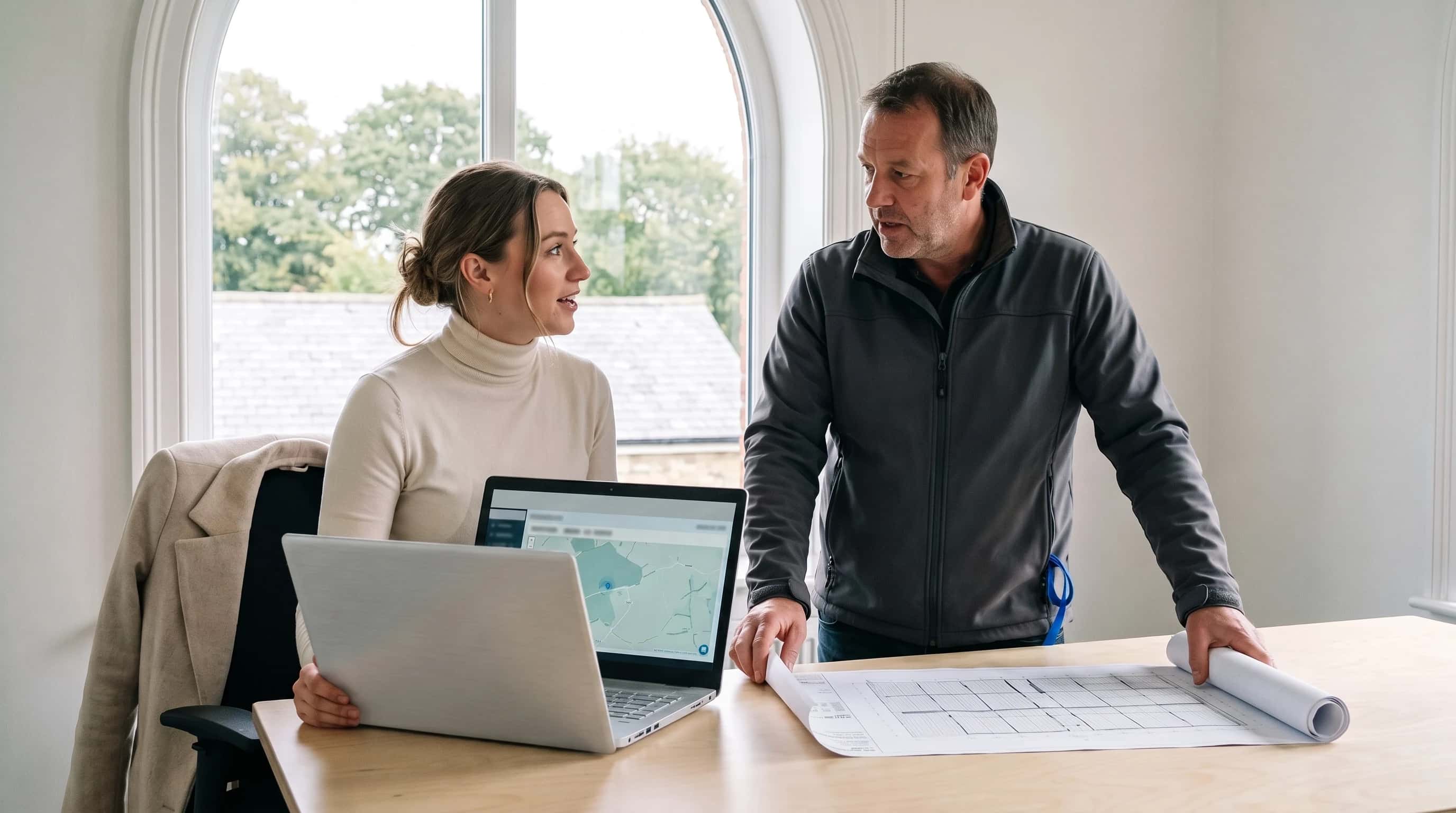 Adviseur draait een laptop met kaartdashboard naar een installateur die een tekening uitrolt, kantoor met boogvenster in Arnhem