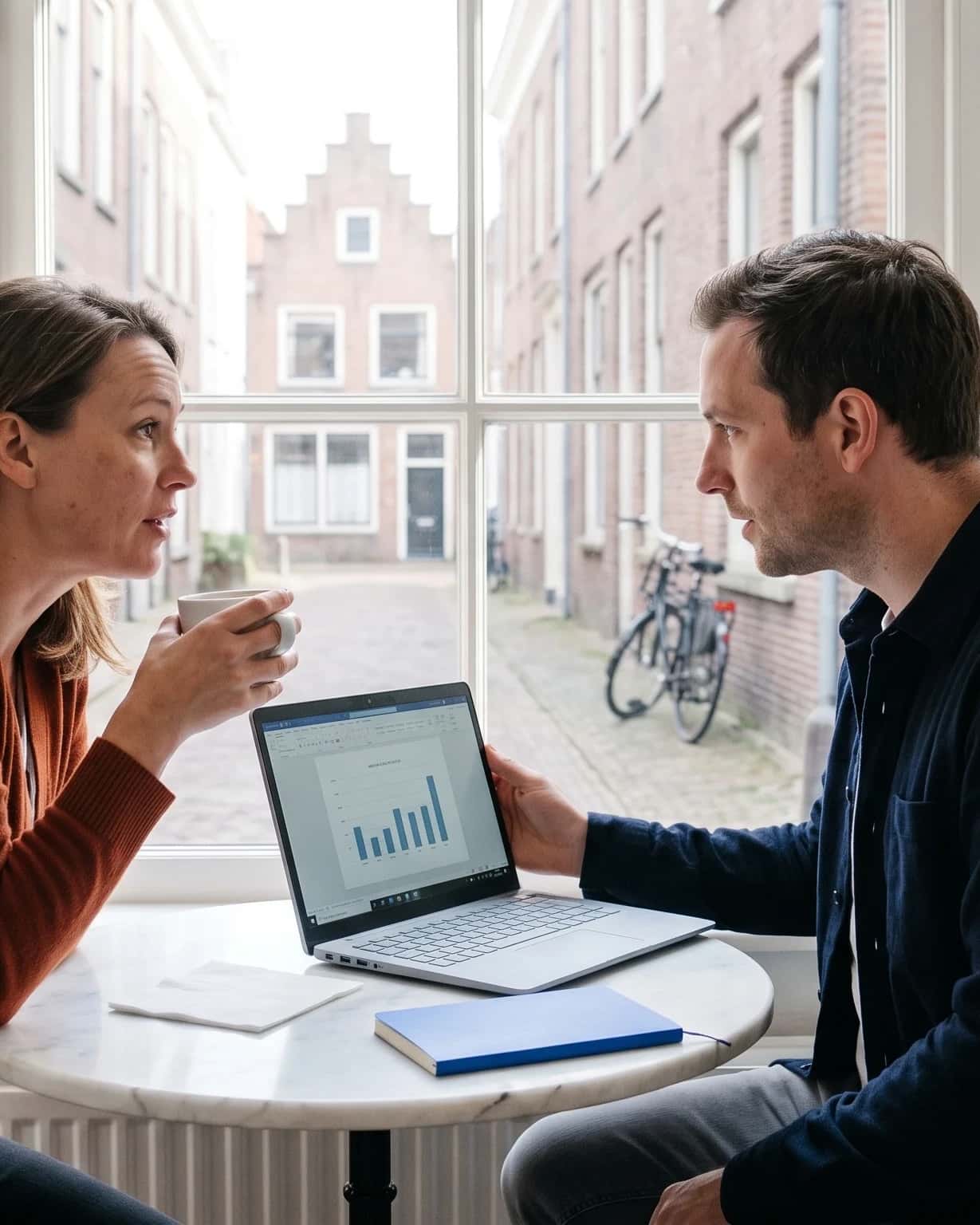 Onderneemster en adviseur aan een marmeren cafétafeltje in de binnenstad van Breda, laptop met staafdiagram en trapgevel achter het raam
