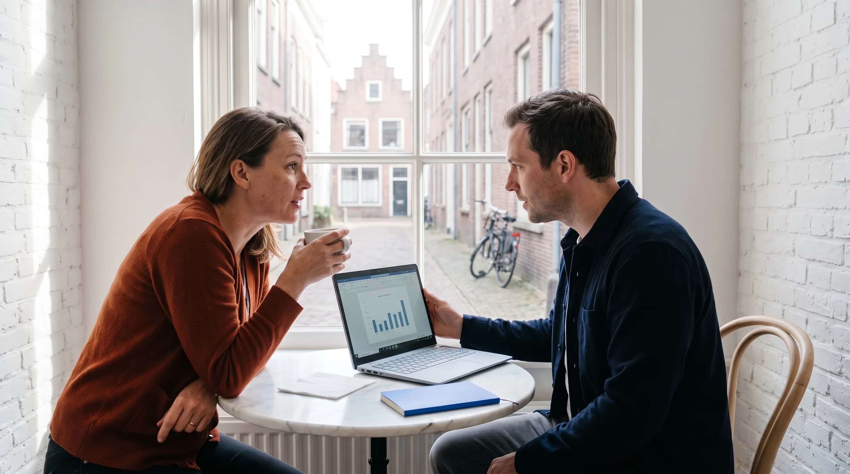 Onderneemster en adviseur aan een marmeren cafétafeltje in de binnenstad van Breda, laptop met staafdiagram en trapgevel achter het raam