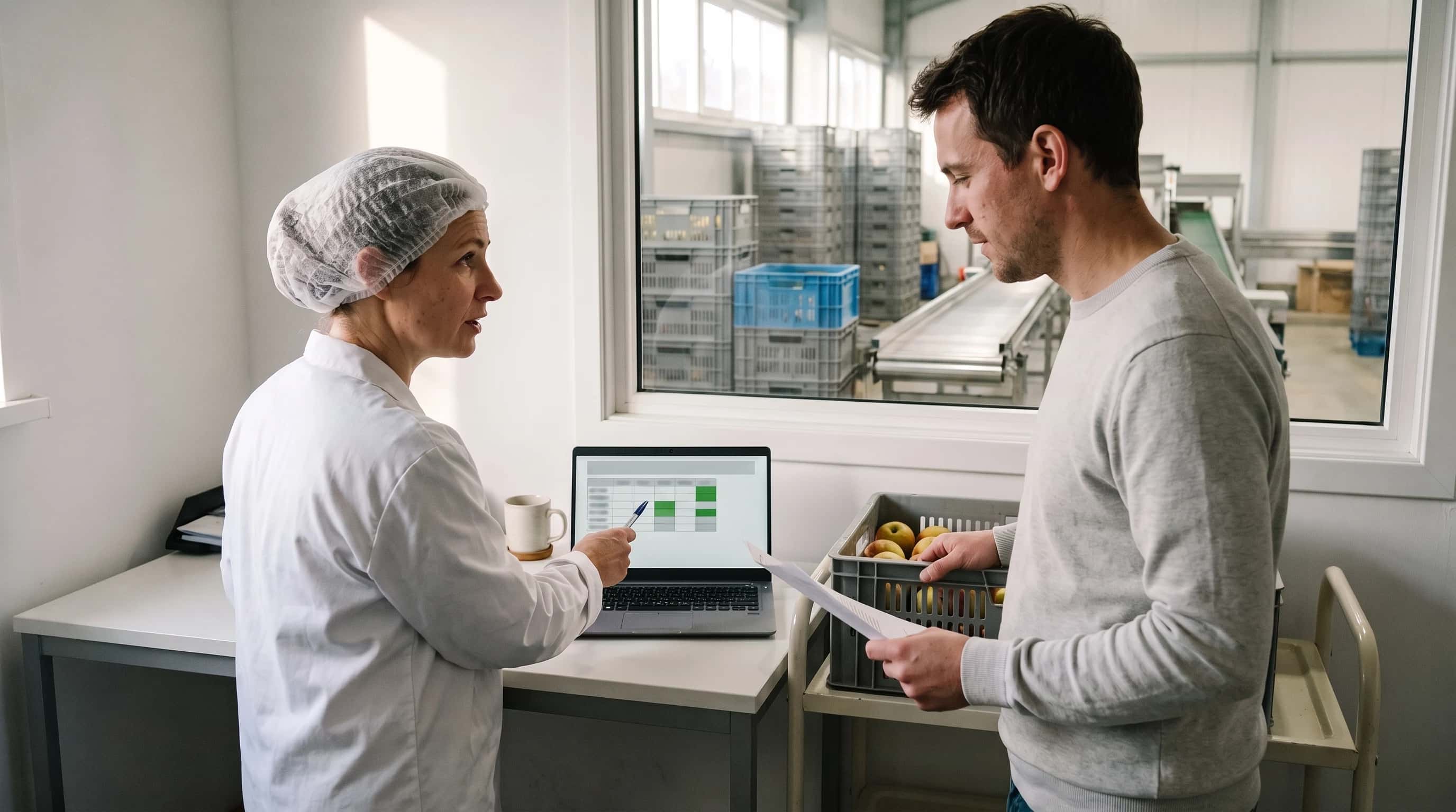 Productiemanager in witte jas wijst op een laptop in het kantoor van een foodbedrijf in Den Bosch, kratten appels en inpakhal erachter