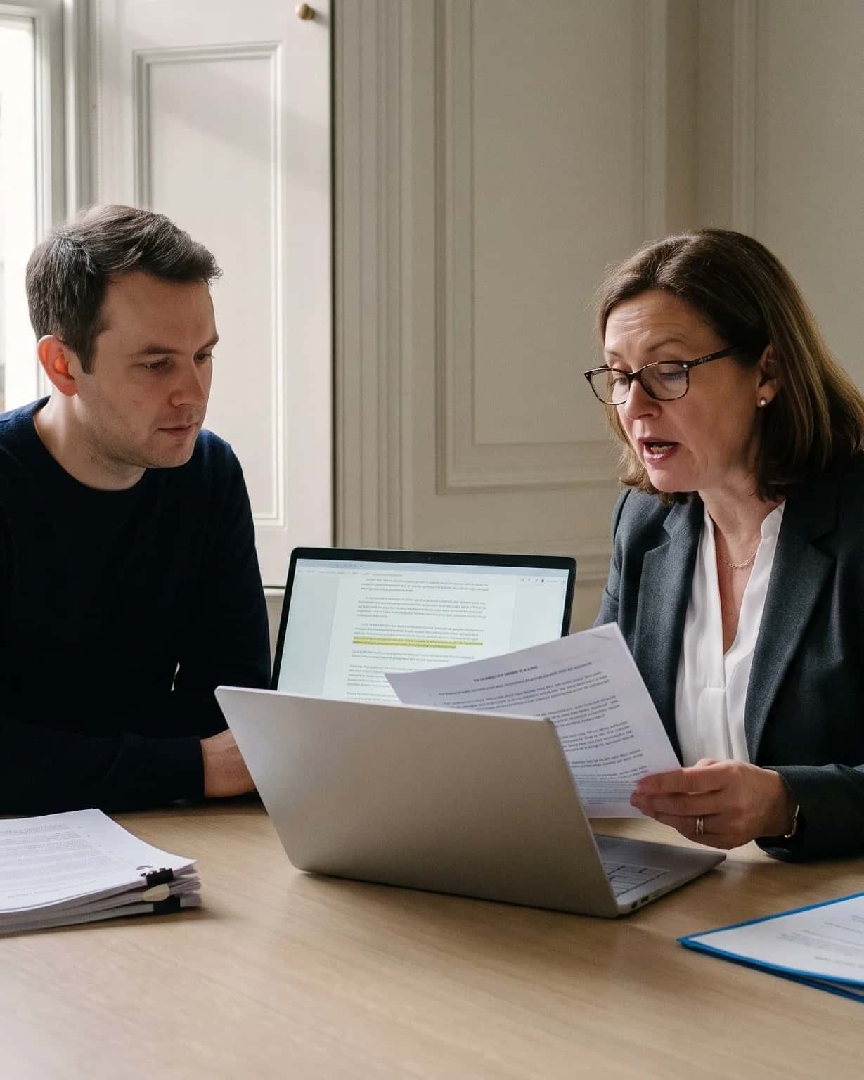 Advocaat en adviseur bespreken een contract naast een laptop in een vergaderzaal met lambrisering in Den Haag, statige gevels buiten