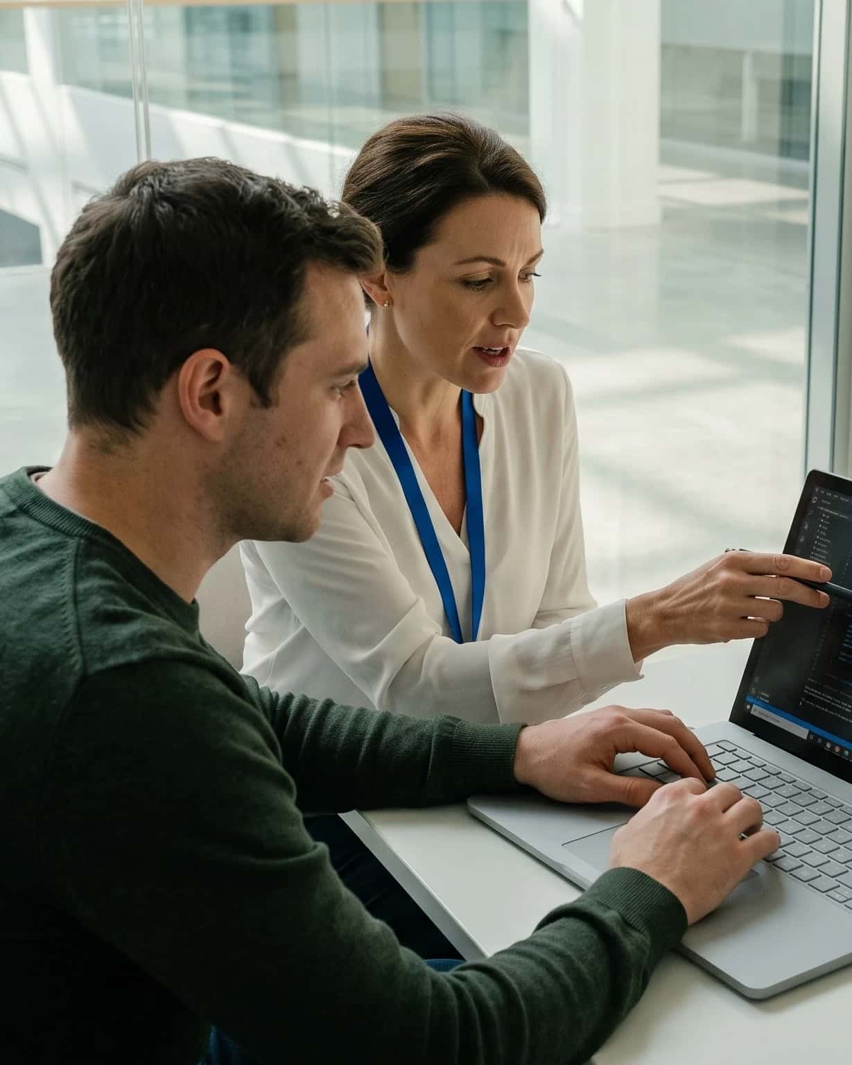 Twee ontwikkelaars bekijken code op een laptop in een glazen vergaderhoek van een campusgebouw in Eindhoven