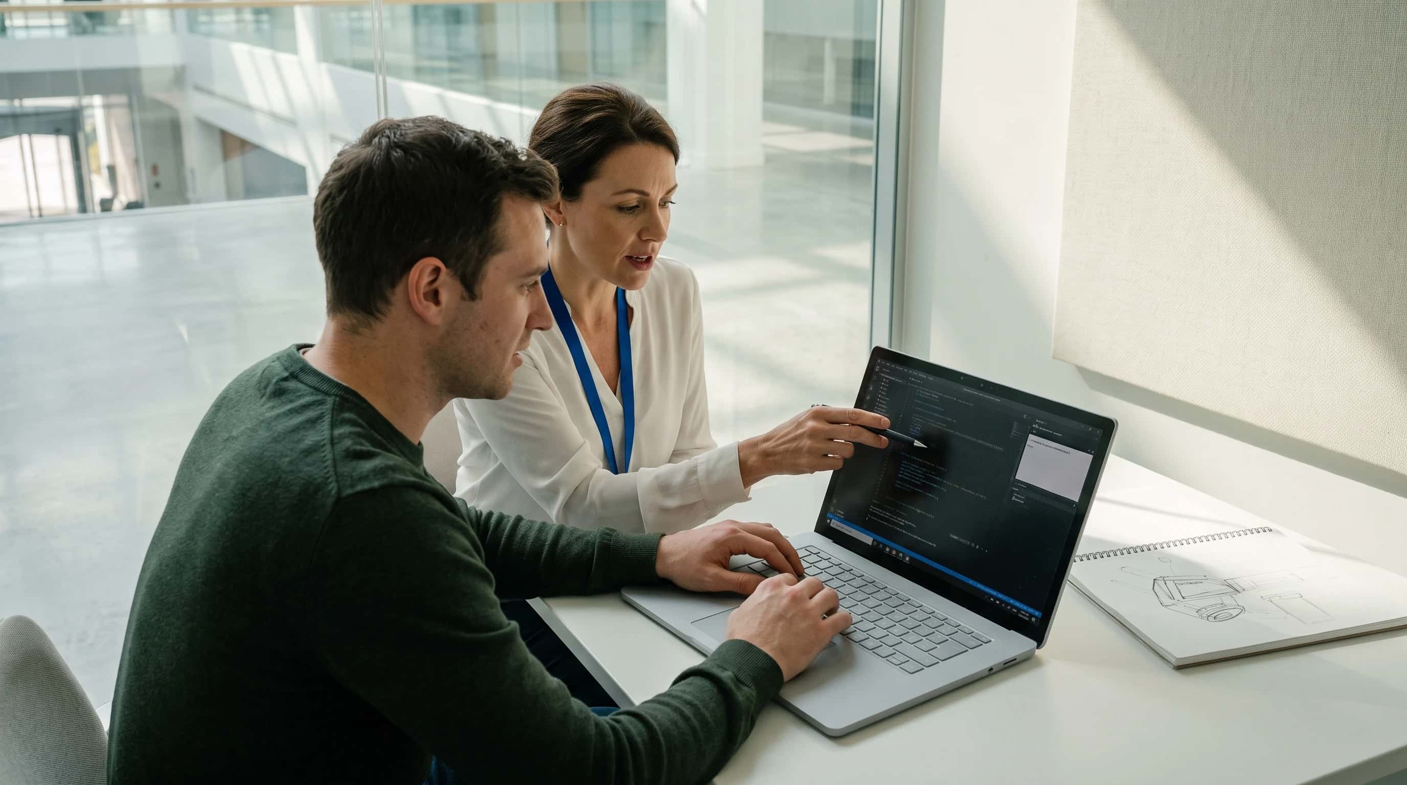 Twee ontwikkelaars bekijken code op een laptop in een glazen vergaderhoek van een campusgebouw in Eindhoven