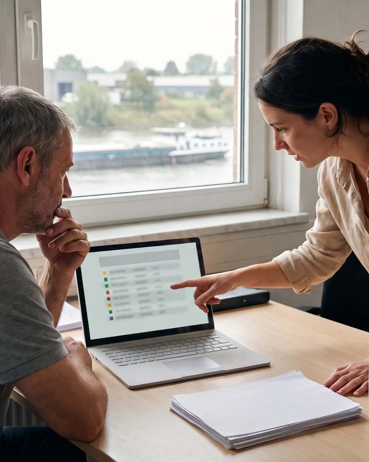Ondernemer en adviseur bekijken een werkorderlijst op een laptop in een kantoor aan de rivier in Gorinchem, blauwe helm op het bureau