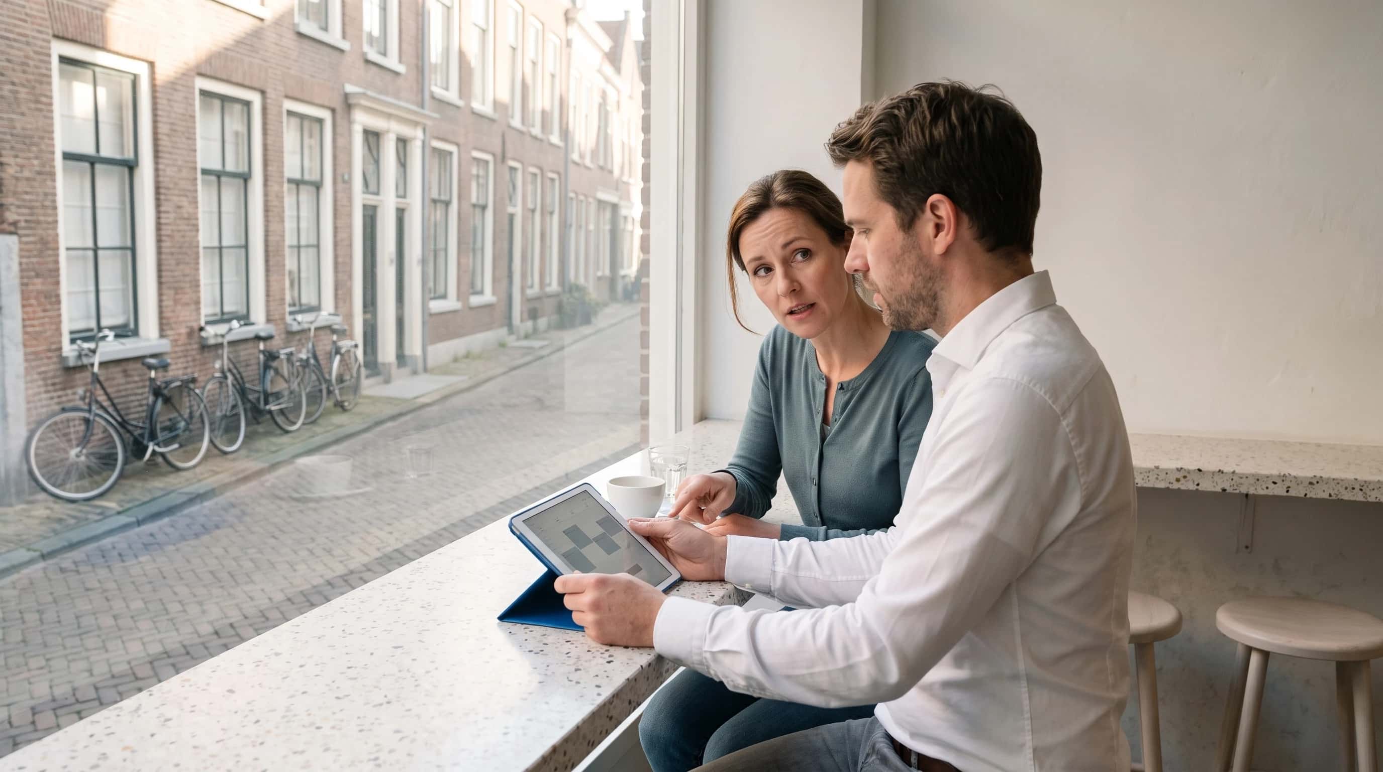 Praktijkmanager en adviseur met een tablet aan de raambank van een koffiebar in Nijmegen, fietsen en oude gevels in de straat