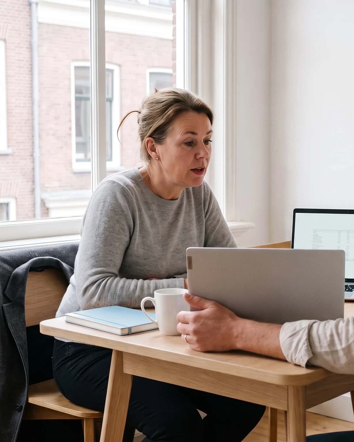 Adviseur draait zijn laptop half naar een onderneemster aan haar eigen tafel, met zicht op een Nederlandse straat.