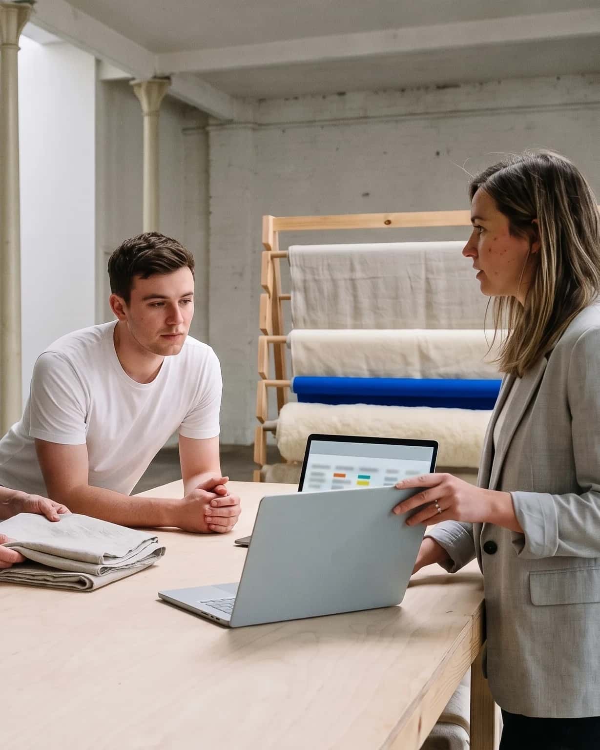 Drie mensen rond een werktafel met laptop in een oude textielfabriek in Tilburg, rollen linnen op een rek erachter