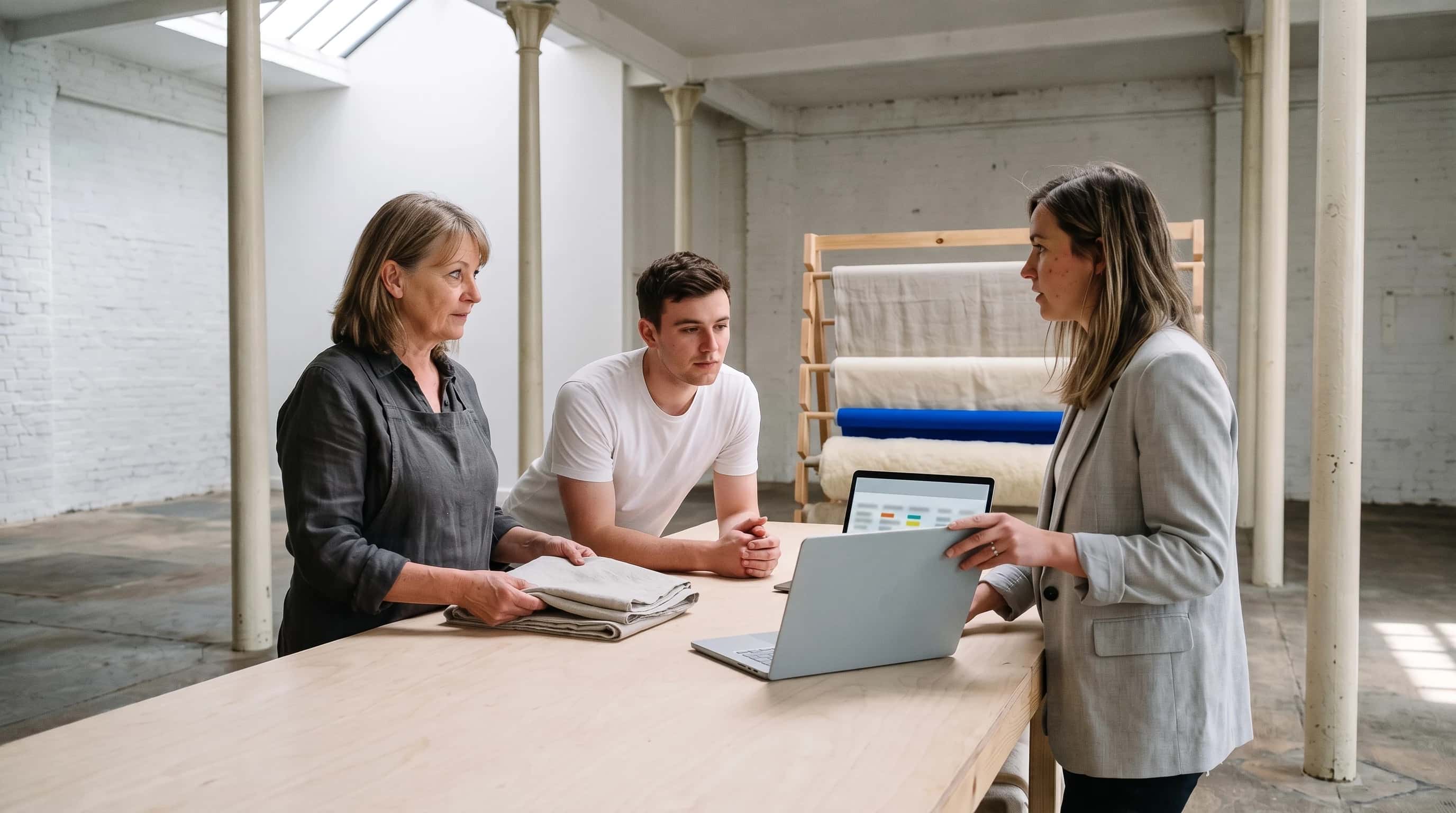 Drie mensen rond een werktafel met laptop in een oude textielfabriek in Tilburg, rollen linnen op een rek erachter