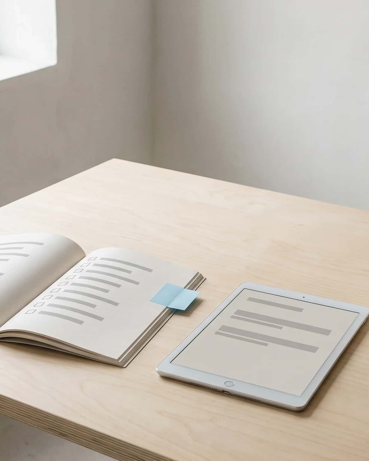 Open checklistboekje met een blauw tabblad naast een tablet met een rustige documentpagina op een lichte berken tafel.