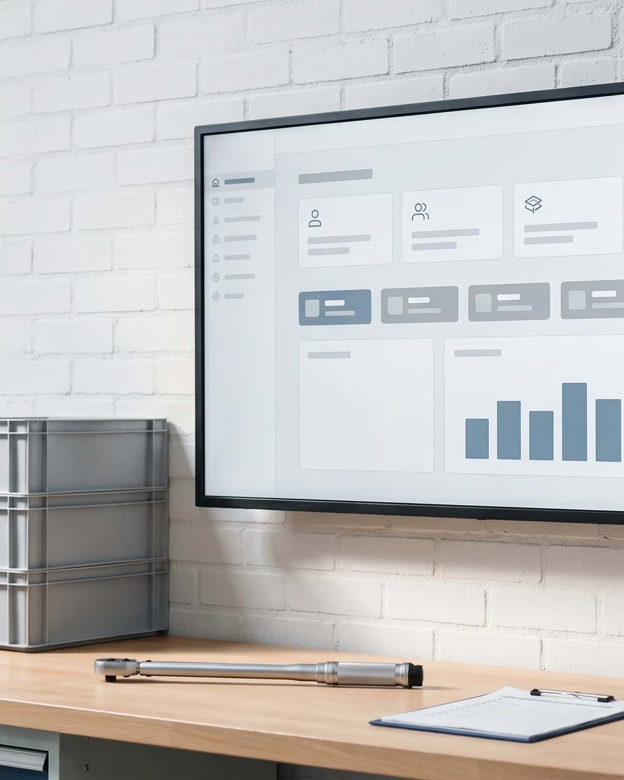 Wandscherm met een rustig procesdashboard boven een werkbank met stapelkratten in een productiehal