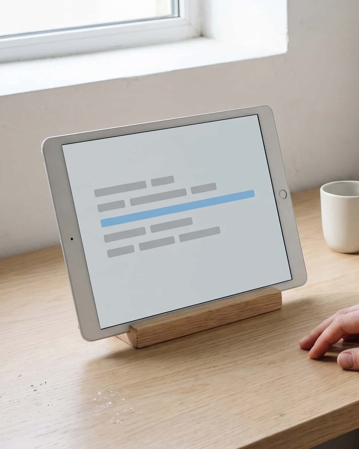 Tablet in een houten standaard op een licht eiken bureau toont een rustig paneel grijze balken met één blauwe regel; een hand ligt ernaast.