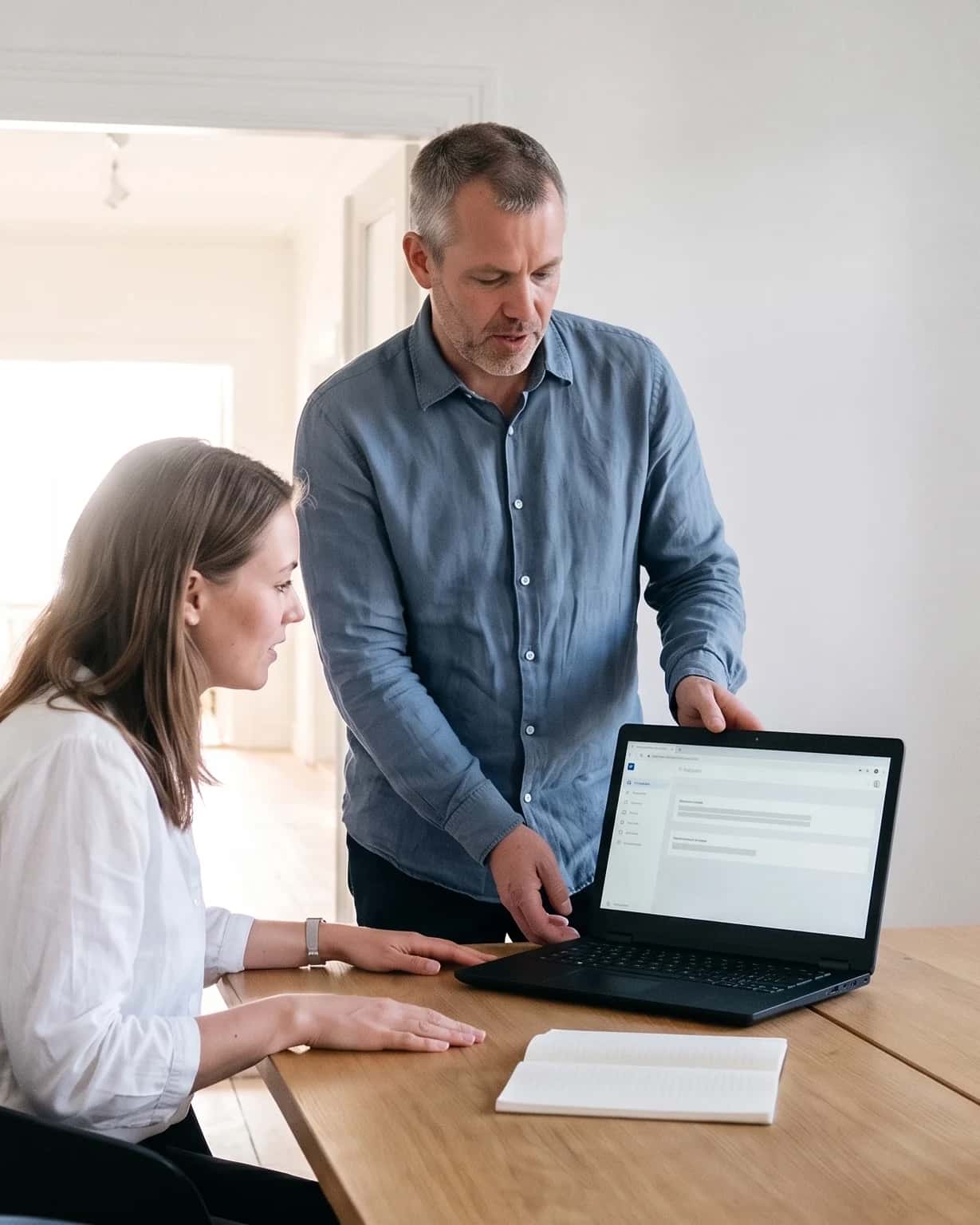 Ontwikkelaar toont een klant een werkende app op een laptop aan een houten tafel in een lichte kantoorruimte