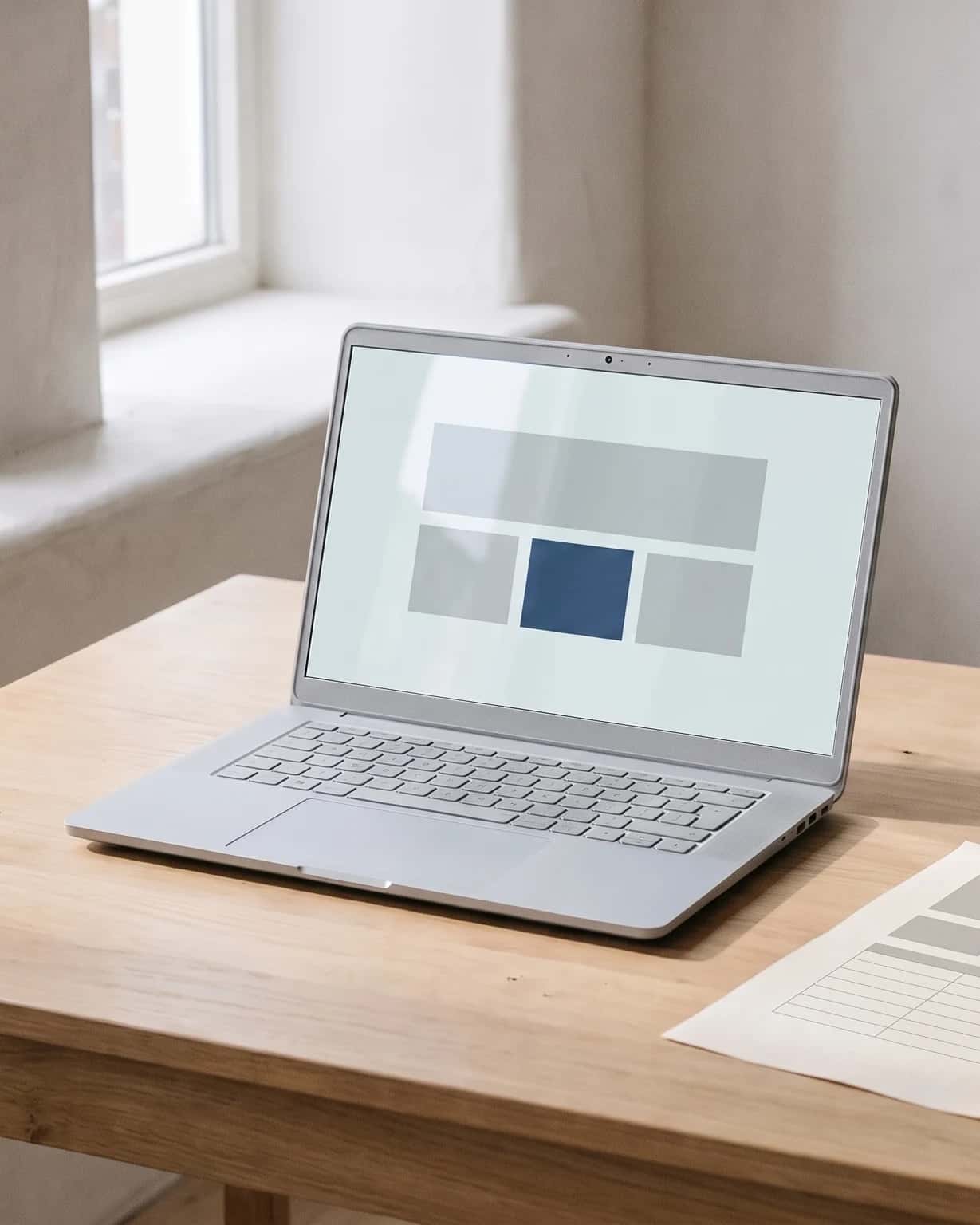 Laptop bij het raam op een licht eiken tafel toont een indeling van grijze blokken met één donkerblauw blok; ernaast een geprint vel.