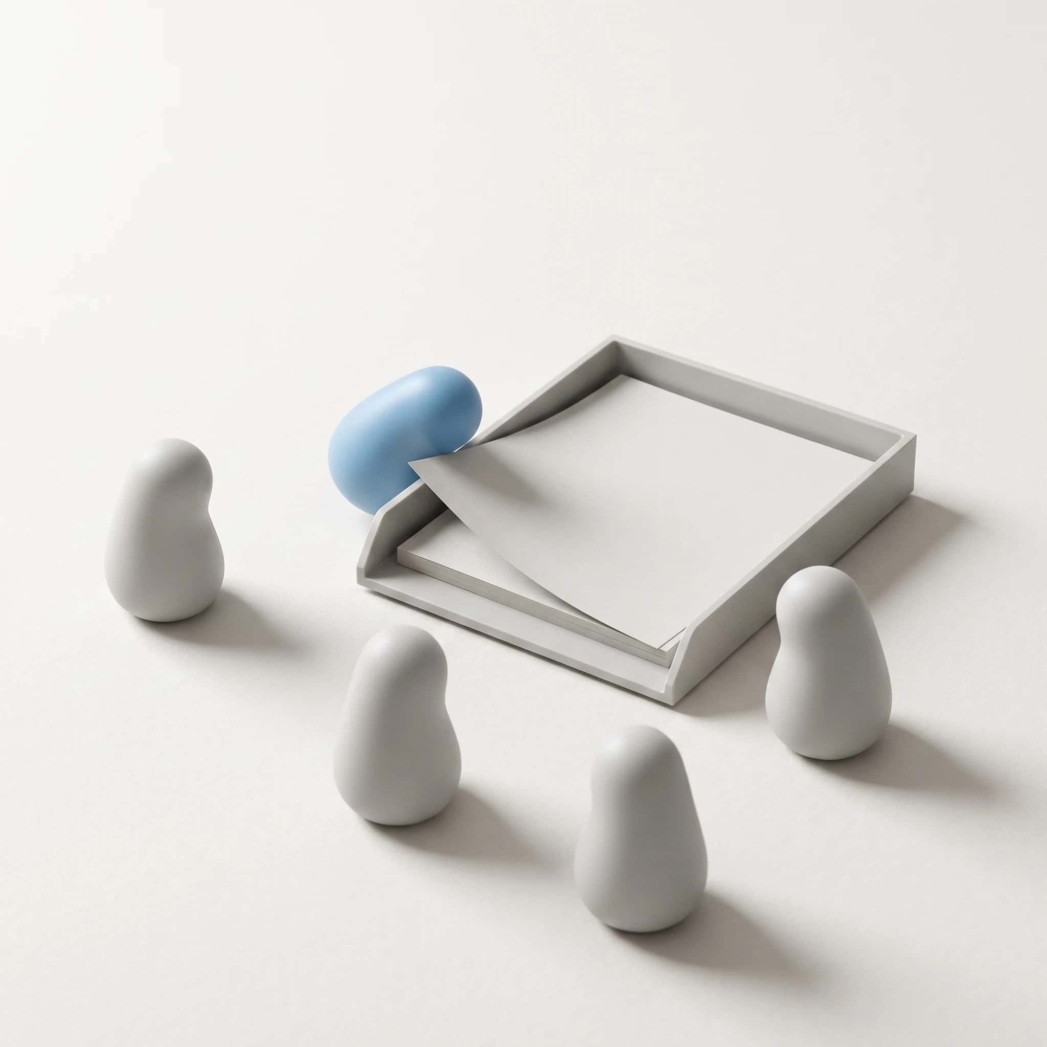 Render van vijf kleine matte figuurtjes rond een postvakje, één ervan blauw