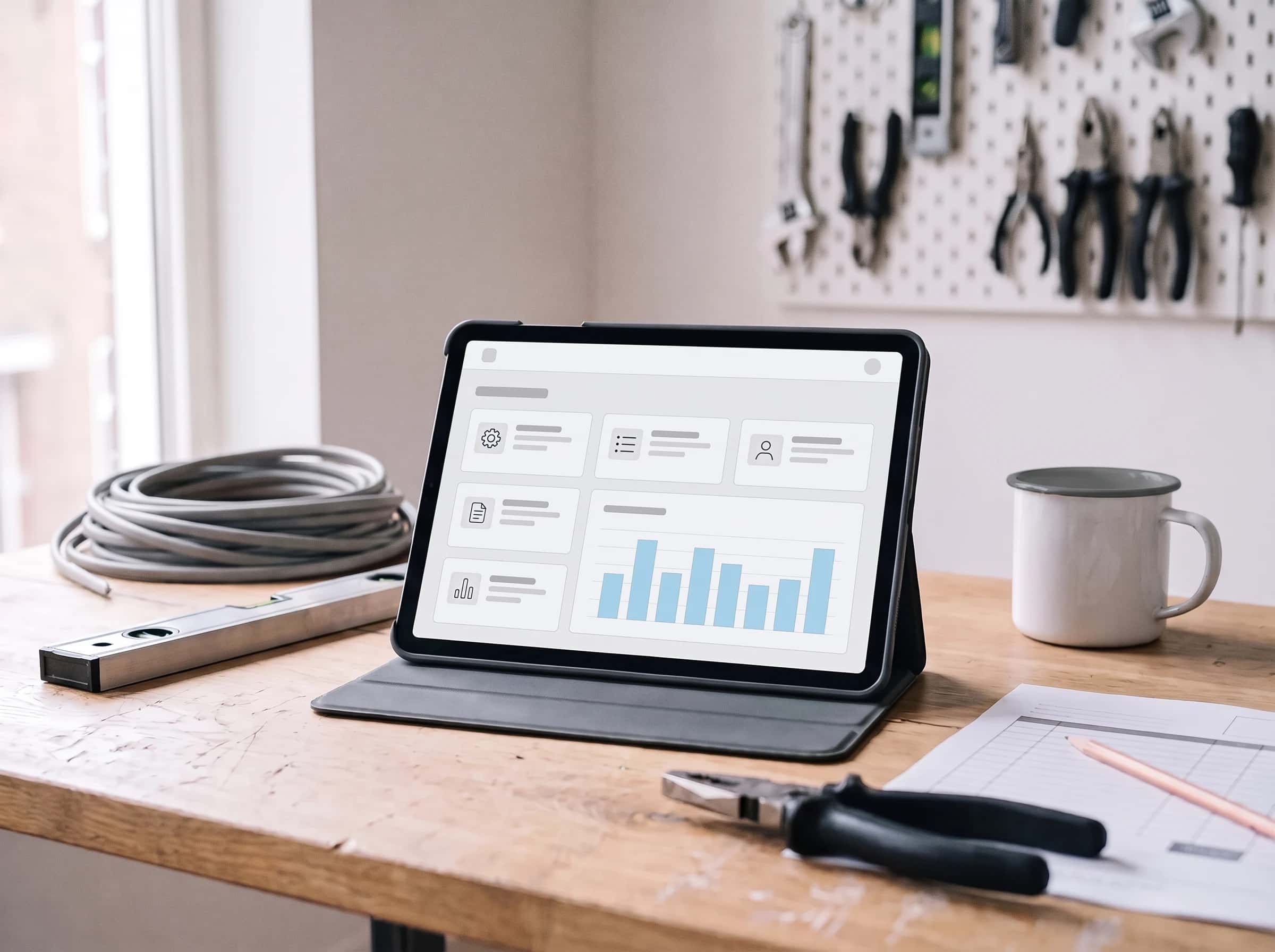 Tablet met een licht dashboard op een houten werkbank in een installatiewerkplaats, met een waterpas, een kabelrol en een gereedschapswand