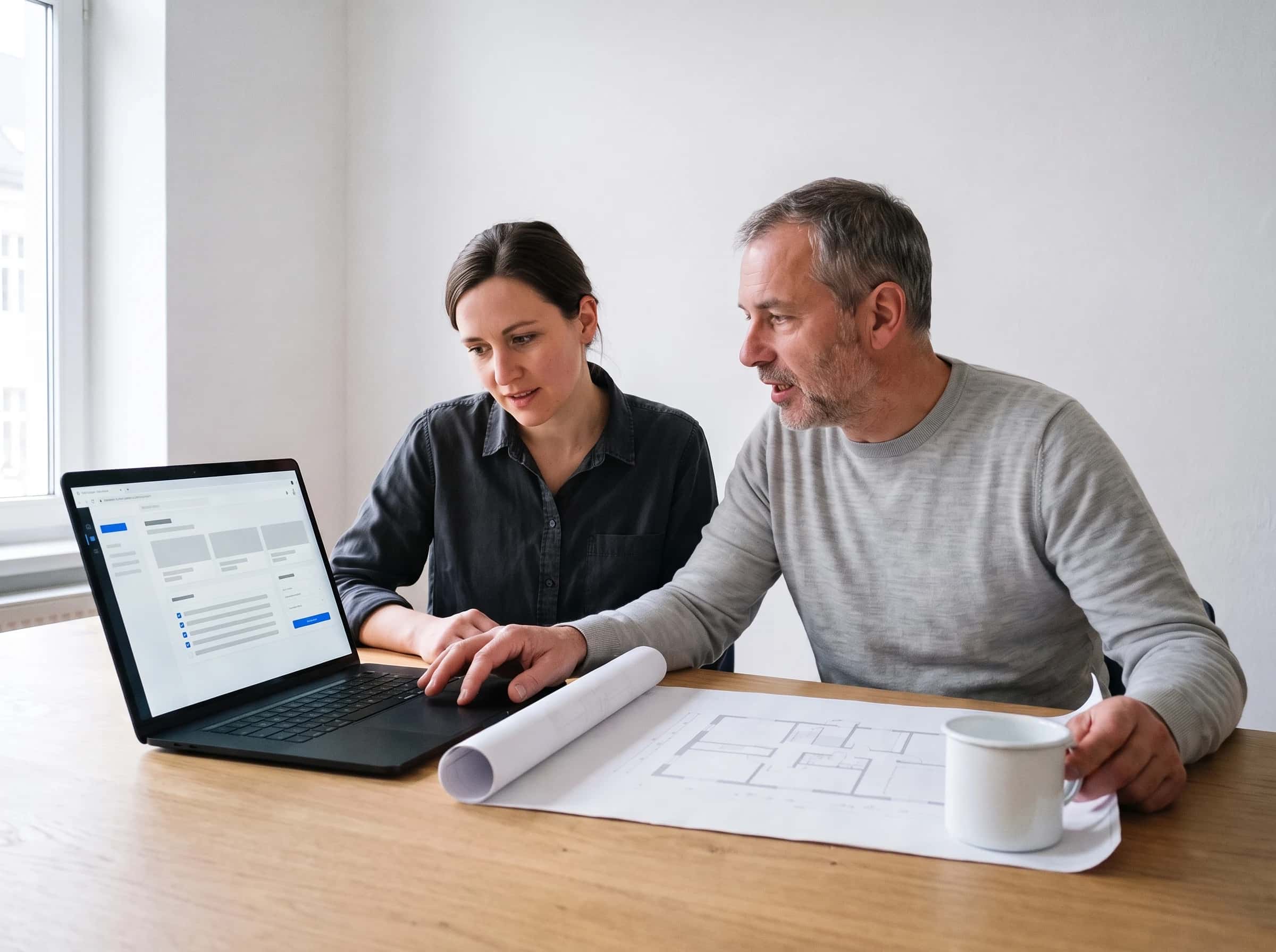 Ontwikkelaar en klant kijken samen naar een webapp op een laptop, met een bouwtekening en een emaillen mok op de houten tafel