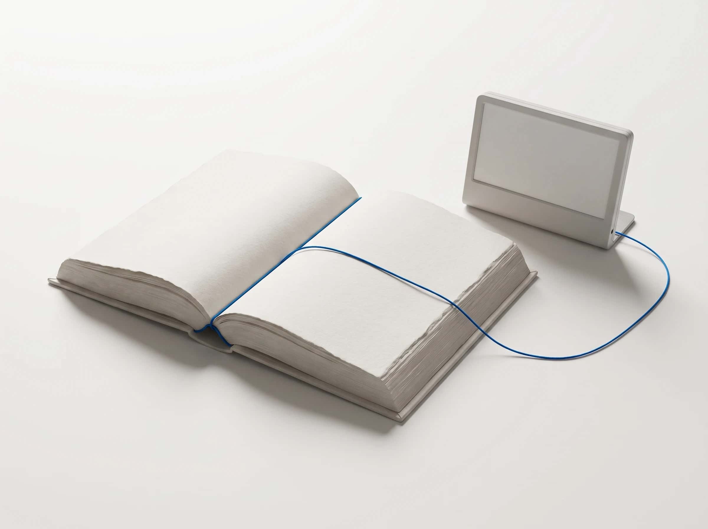 Render van een opengeslagen matwit boek waaruit één blauwe draad naar een klein scherm loopt