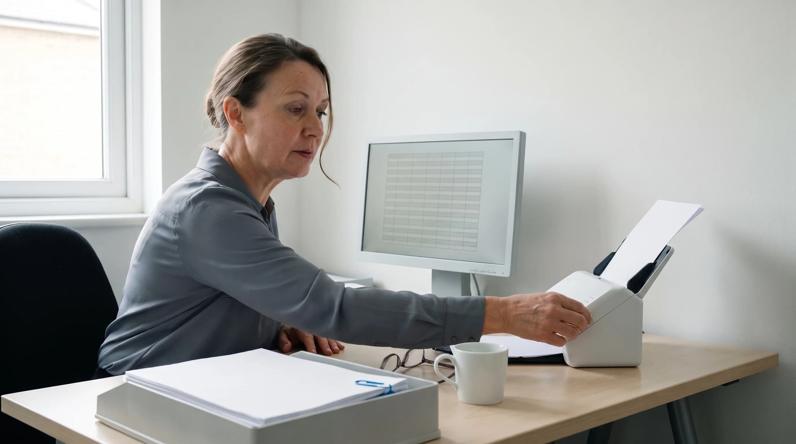 Accountant voert een blanco vel in een documentscanner aan een licht bureau, naast een monitor met een leeg tabelraster