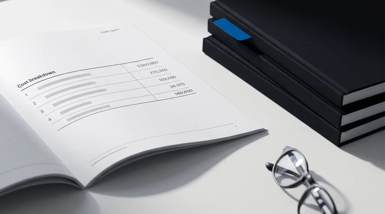 Auditrapport met kostenoverzicht van vier AI-auditniveaus op een bureau