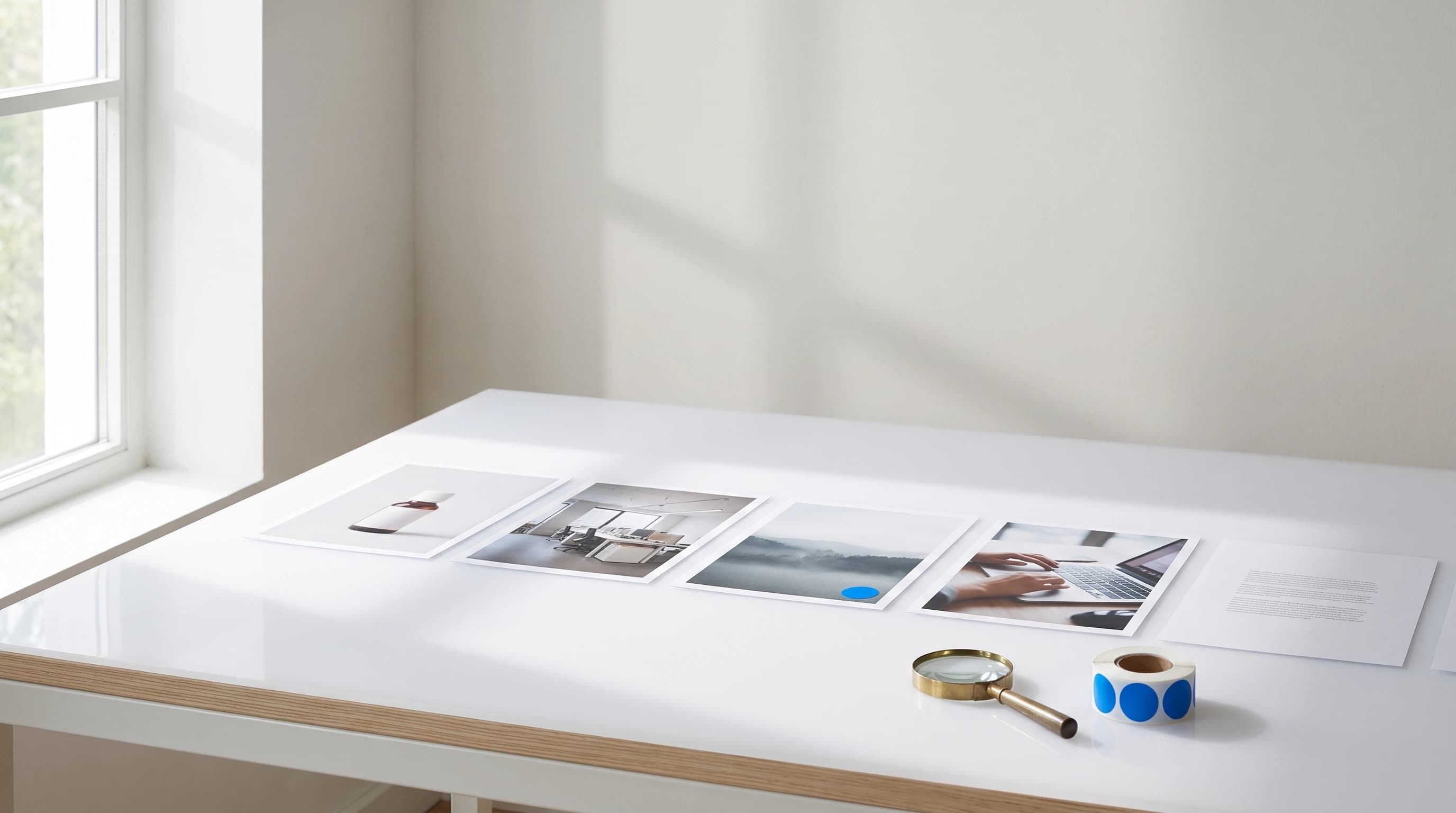 Rij uitgeprinte foto’s en tekstvellen op een lichttafel, waarvan één afdruk een klein blanco blauw stickerlabel draagt, met een loep en een rol stickers ernaast