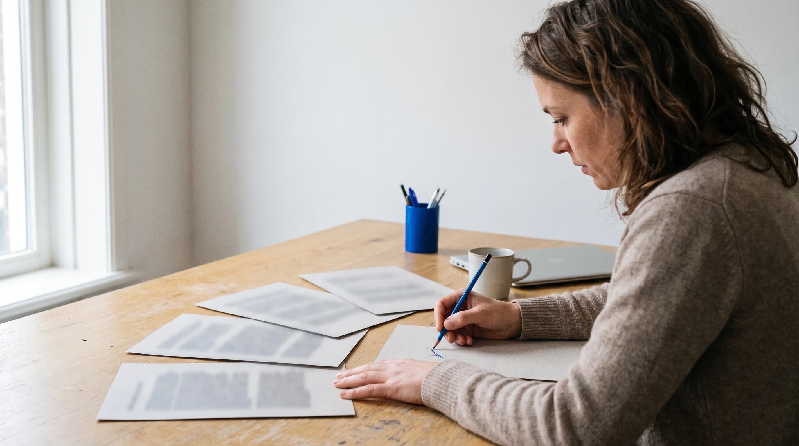 Vrouw aan een licht bureau markeert met een blauw potlood een vel uit een uitgewaaierde stapel uitgeprinte teksten, in zacht zijlicht