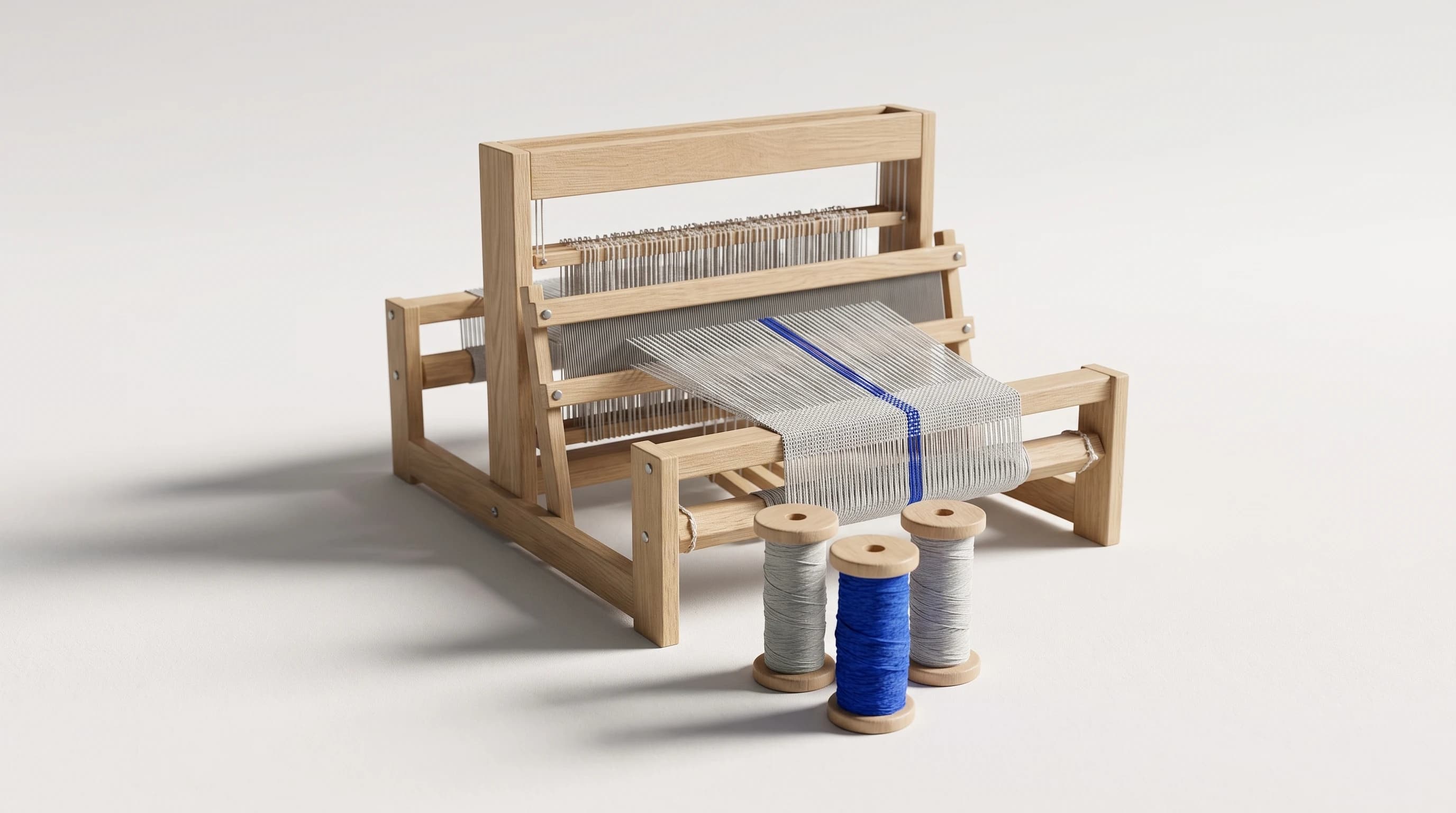 Houten tafelweefgetouw met grijze draden en drie klossen, waarvan één met blauw garen dat als streep in het doek loopt