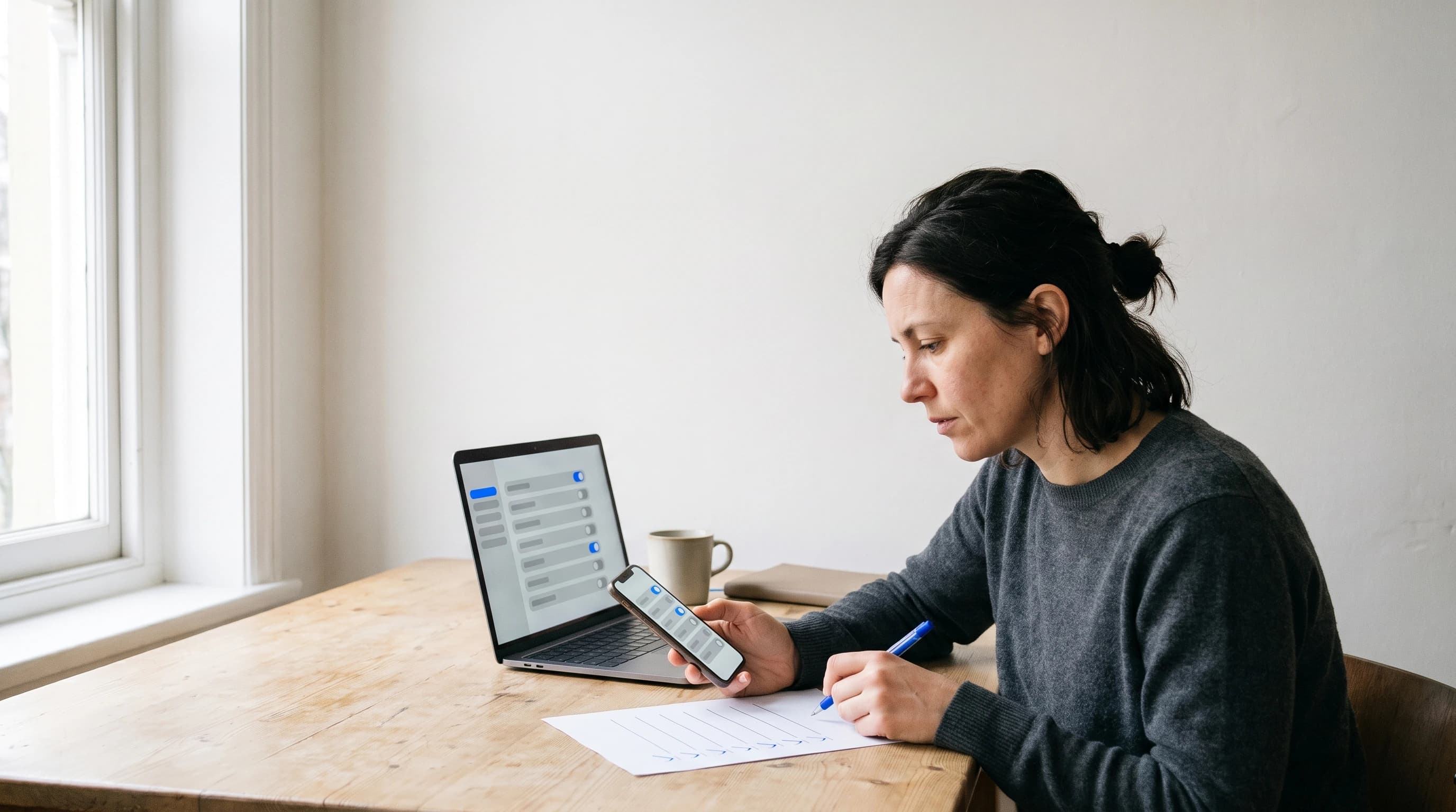 Vrouw aan een bureau loopt privacy-instellingen na: telefoon met een rij schakelaars in haar hand, laptop met instellingenrijen en een papieren checklist met blauwe vinkjes