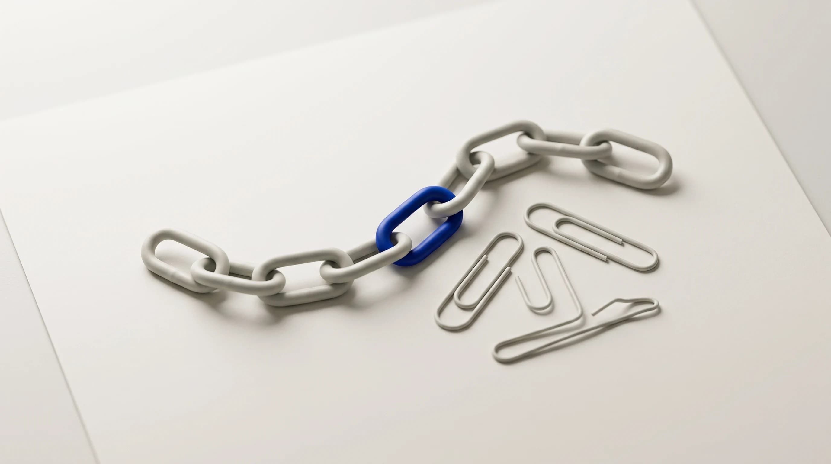 Macro van een grijze ketting met één blauwe schakel naast losse paperclips op ongecoat papier