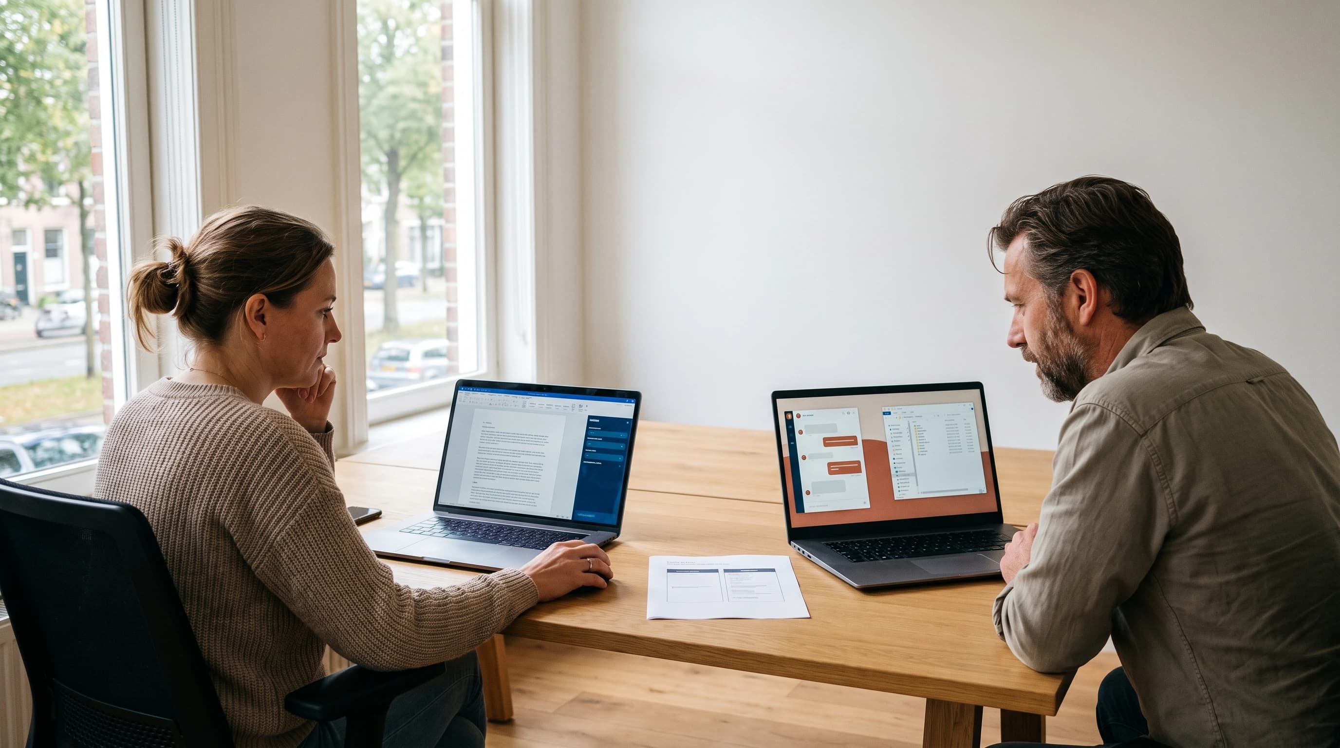 Twee collega's aan een bureau: links een laptop met een AI-zijbalk in een document, rechts een laptop met een los chatvenster naast een mappenoverzicht, met een uitgeprinte vergelijkingstabel ertussen