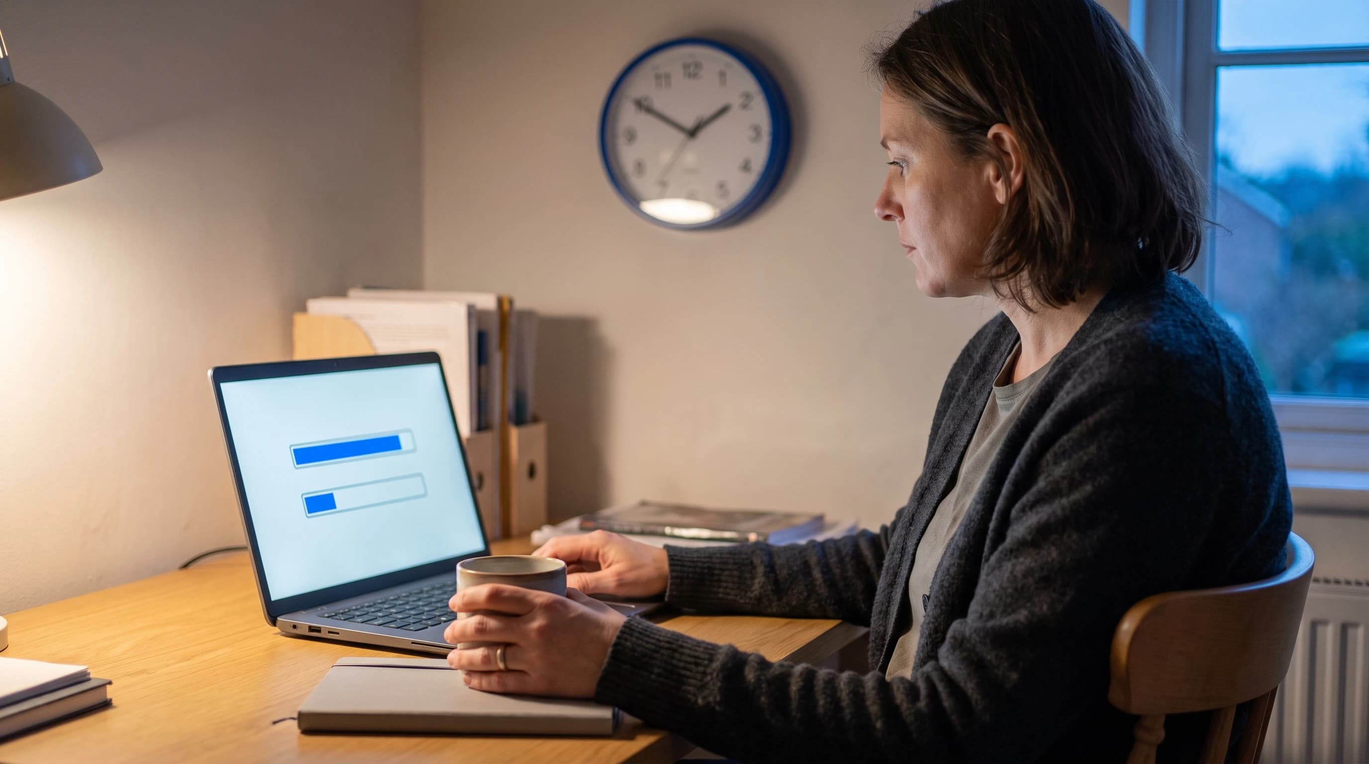 Een vrouw werkt in de avond aan een bureau met een laptop waarop een bijna volle voortgangsbalk staat, met een wandklok op de achtergrond