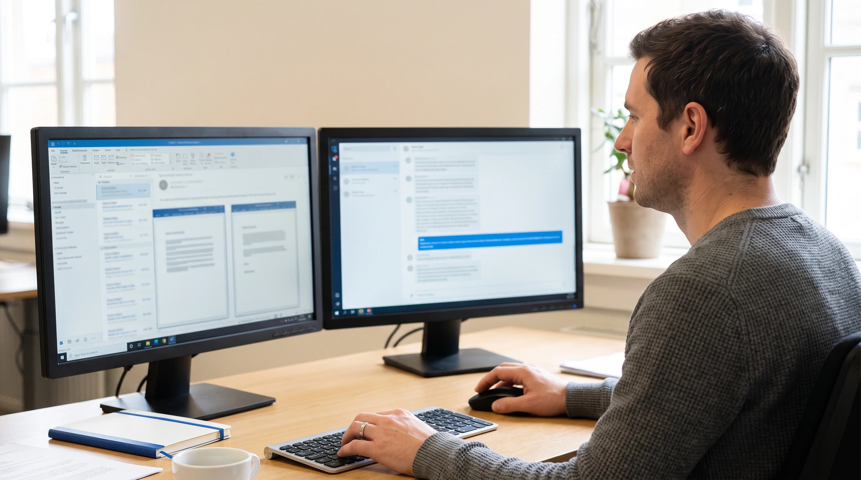 Iemand aan een bureau met twee monitoren naast elkaar, links een mailclient met documentvensters en rechts een kaal chatvenster met één blauw gemarkeerde regel, de hand op de muis tussen beide schermen