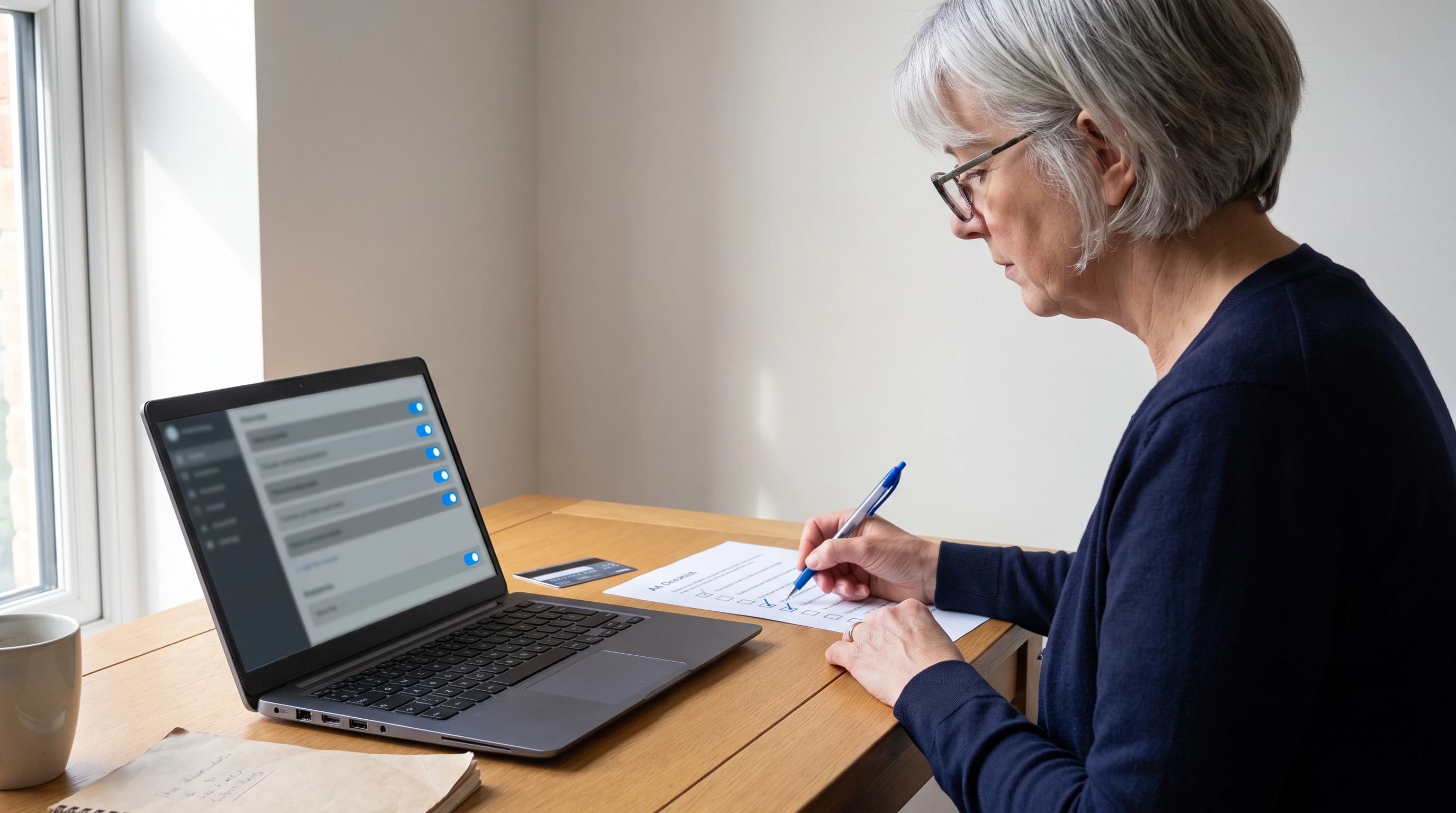 Een beheerder aan een licht bureau vinkt een uitgeprinte checklist af naast een laptop met een instellingenlijst met schakelaars, terwijl een betaalpas omgekeerd naast het toetsenbord ligt
