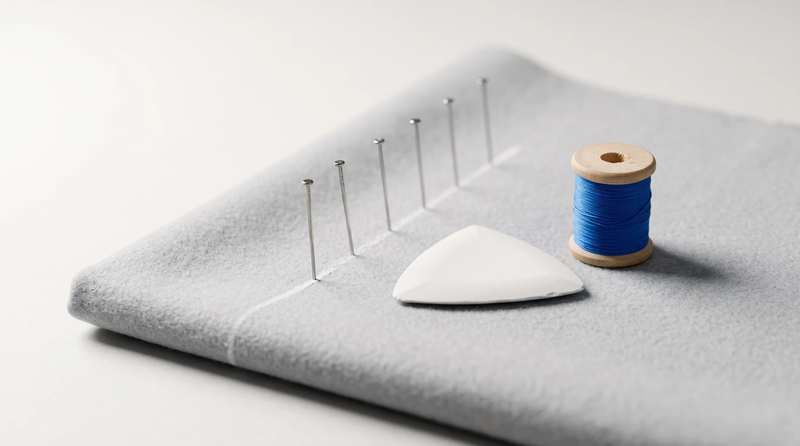 Macro van kleermakersgereedschap op grijze wol: krijt, een rij spelden langs een krijtlijn en een klosje blauw garen