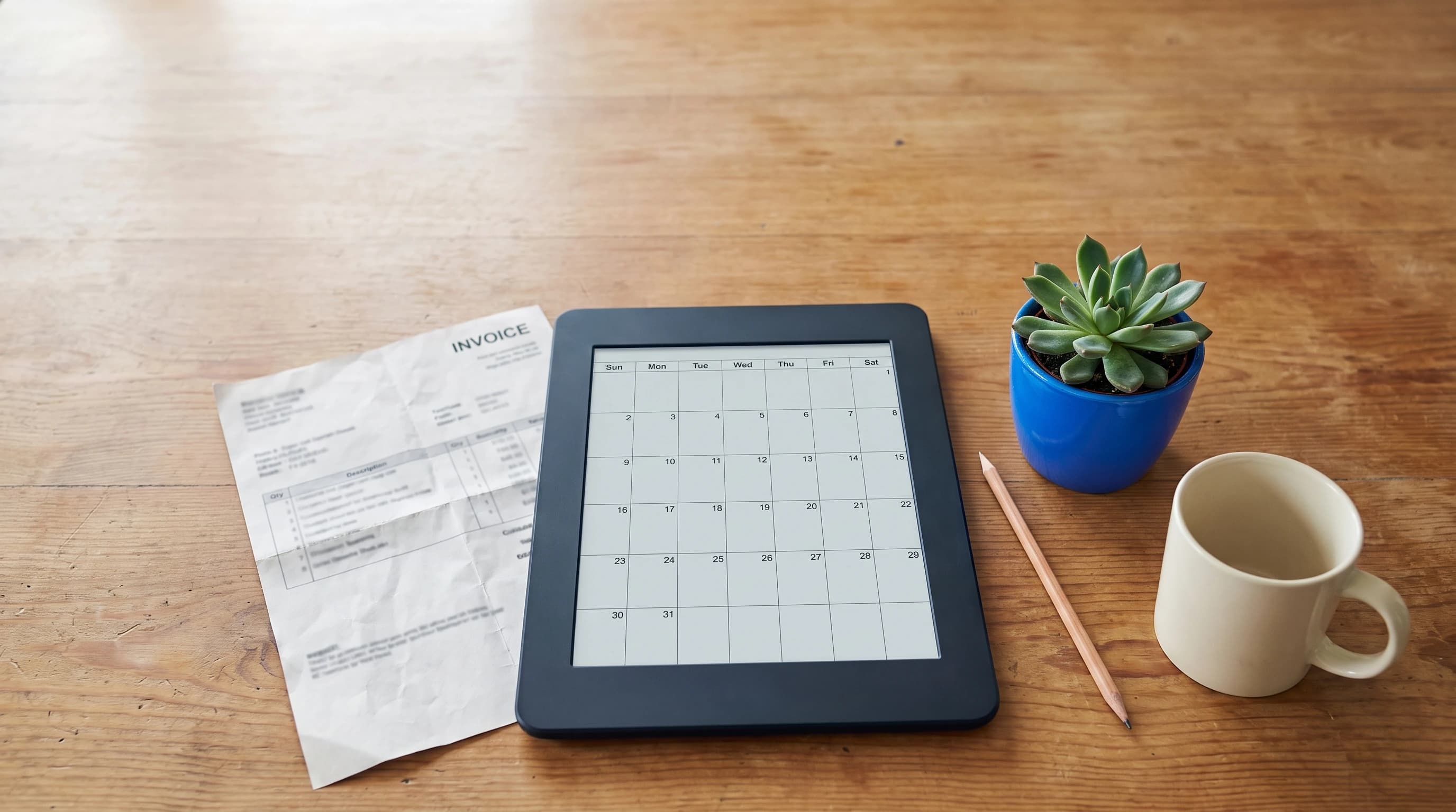 Opgeruimd bureau van bovenaf met een tablet die een agendaraster toont, een papieren factuur en een plant in een blauwe pot