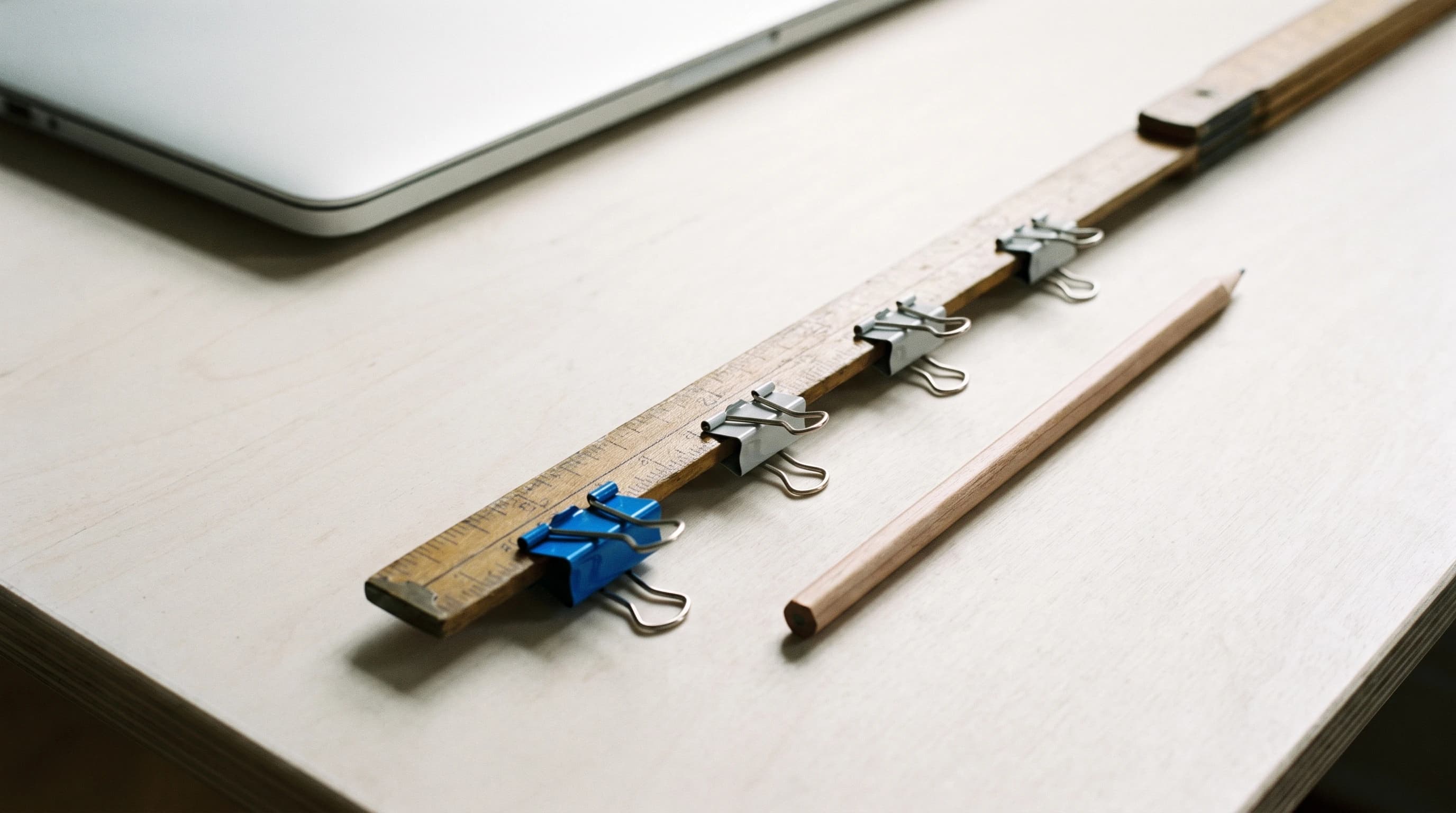 Een lange houten meetlat op een licht bureau met vijf papieren clips op oplopende afstanden, waarvan één elektrisch blauw, naast de rand van een laptop