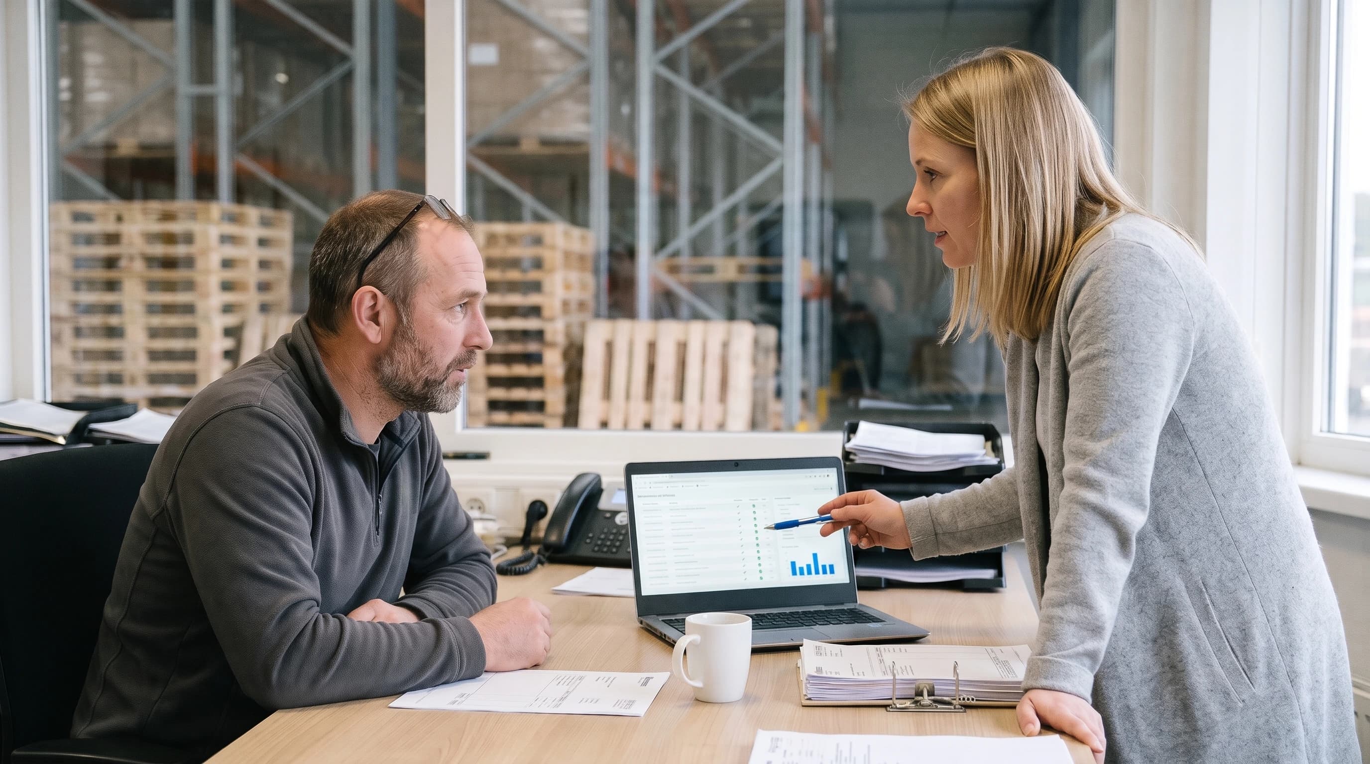 Ondernemer en ontwikkelaar bespreken aan een bureau bij het magazijn het onderhoudsoverzicht op een laptop, met dagelijkse updates en back-ups