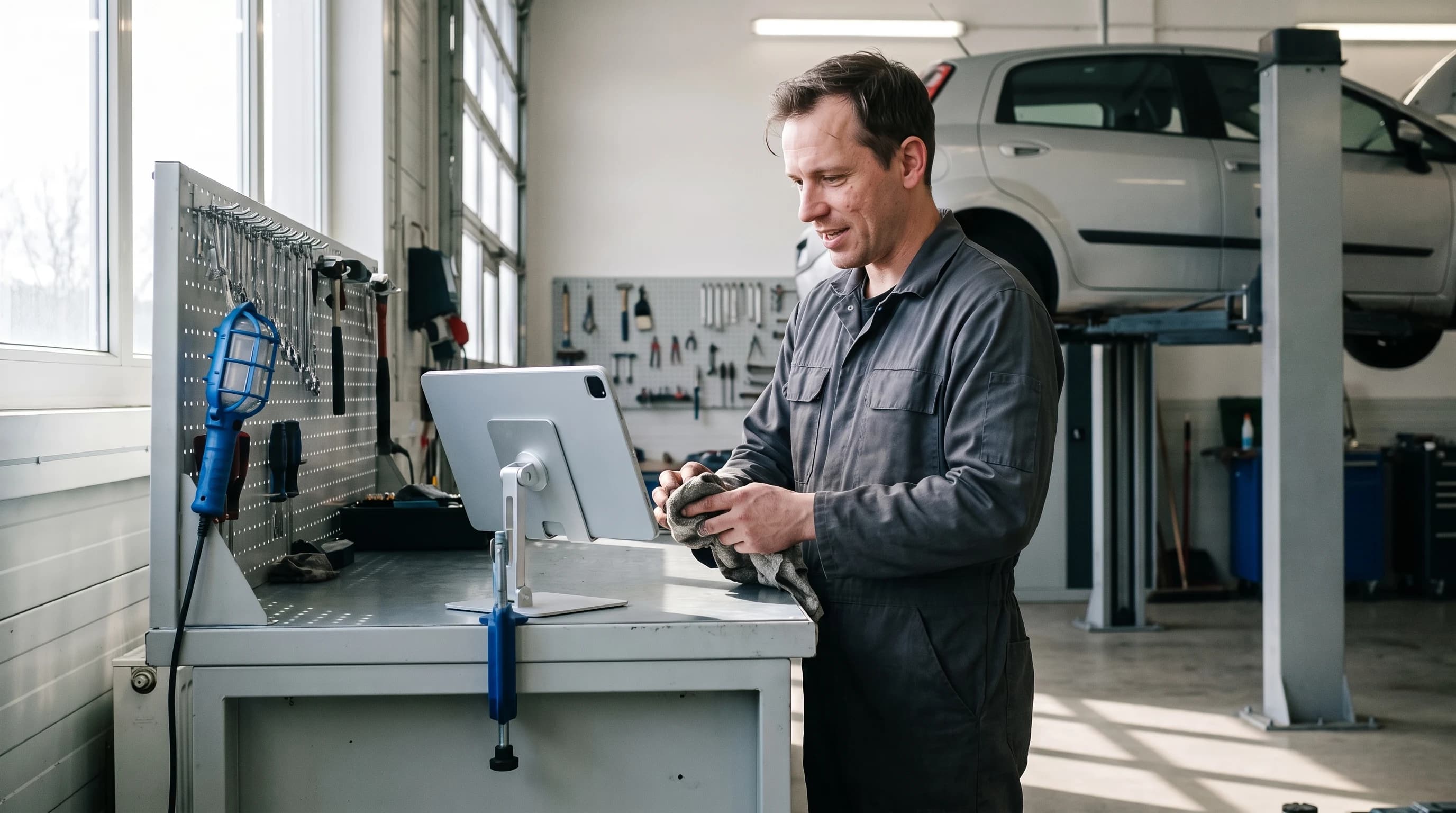 Monteur veegt zijn handen af bij een tablet op de werkbank, auto op de hefbrug op de achtergrond