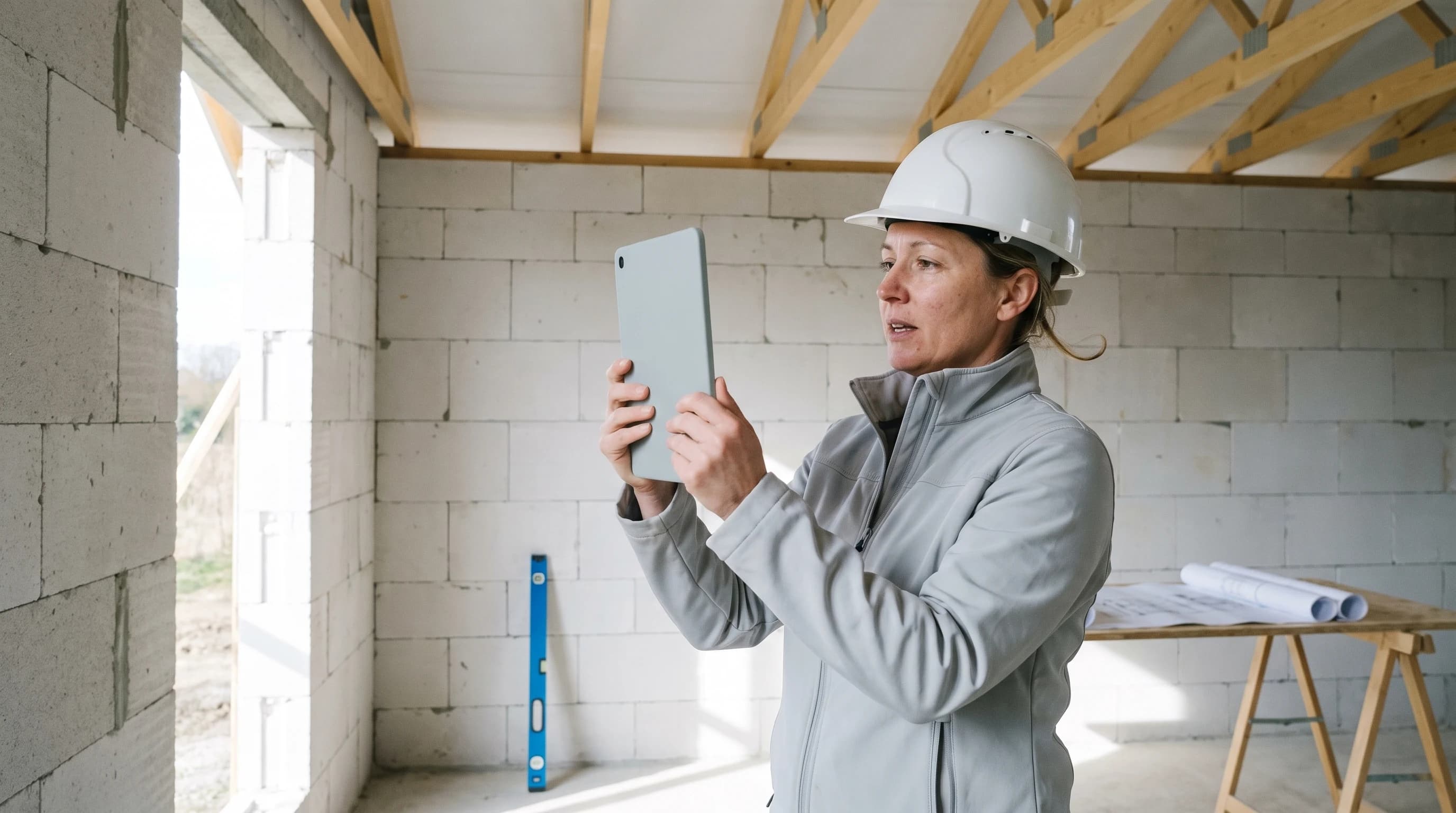 Inspecteur met witte helm fotografeert een kalkzandsteenwand met een tablet in een woning in aanbouw