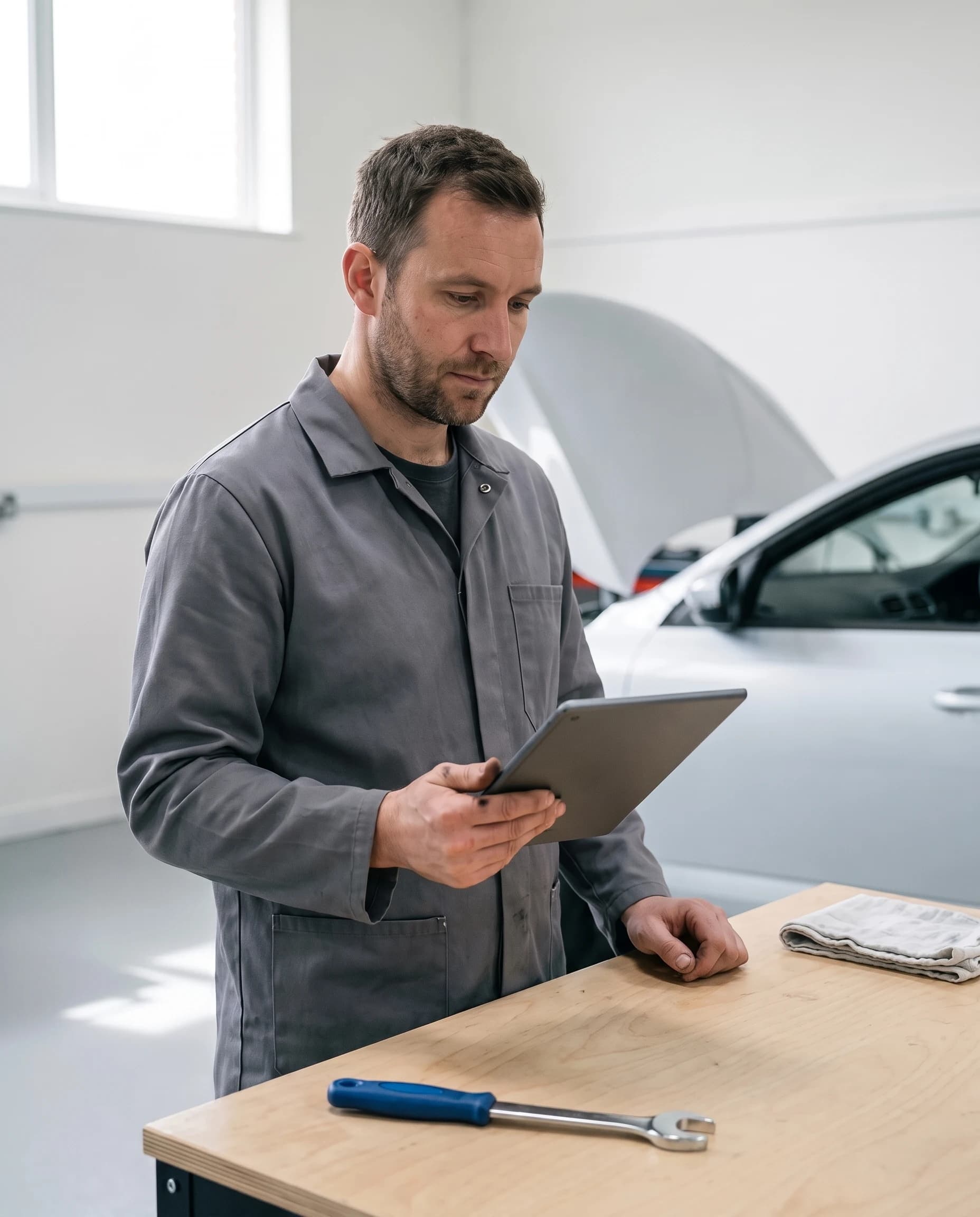 Automonteur leest een tablet aan een lichte werkbank, met de motorkap van een auto open op de achtergrond.