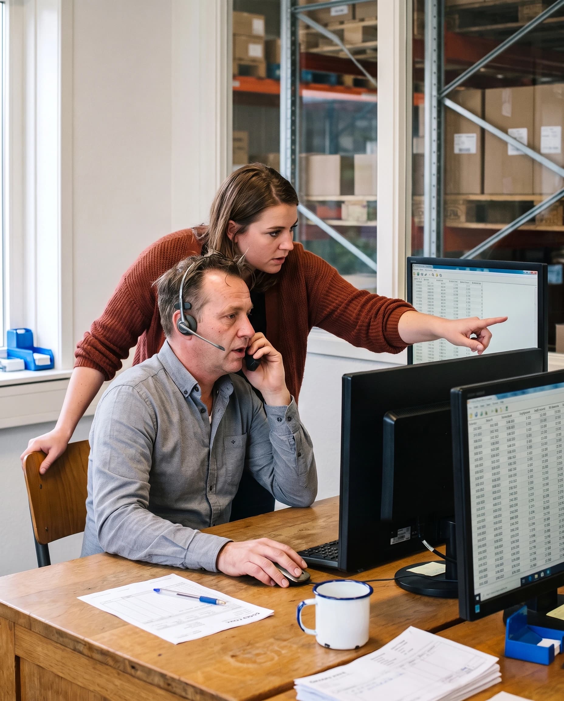 Binnendienstmedewerker van een groothandel aan een kantoorbureau met een orderscherm en een besteloverzicht, telefoon aan het oor, terwijl een collega meekijkt.