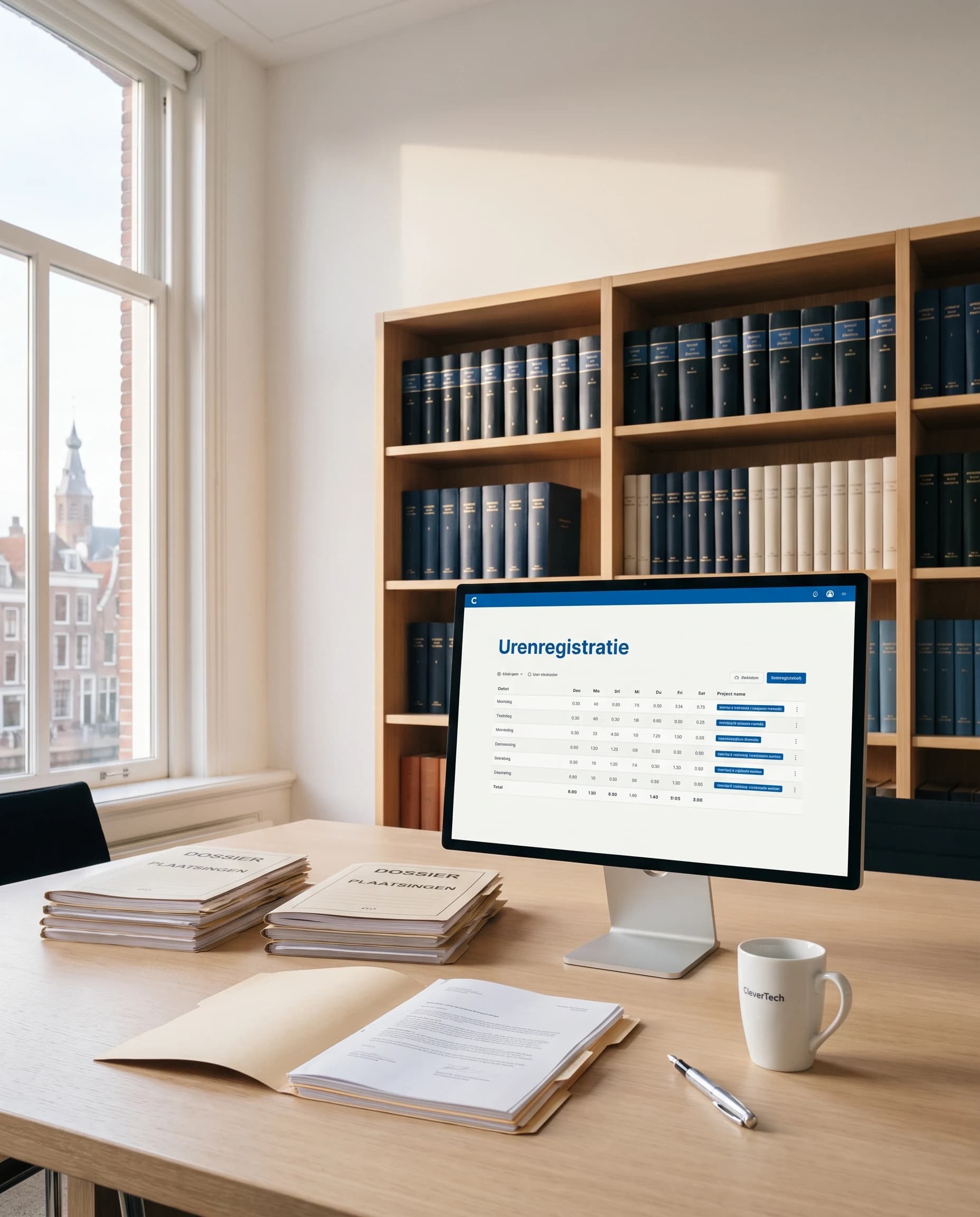 Vergaderruimte van een advocaten- en adviesbureau: scherm met urenregistratie, dossierstapels en een wand met juridische naslagwerken