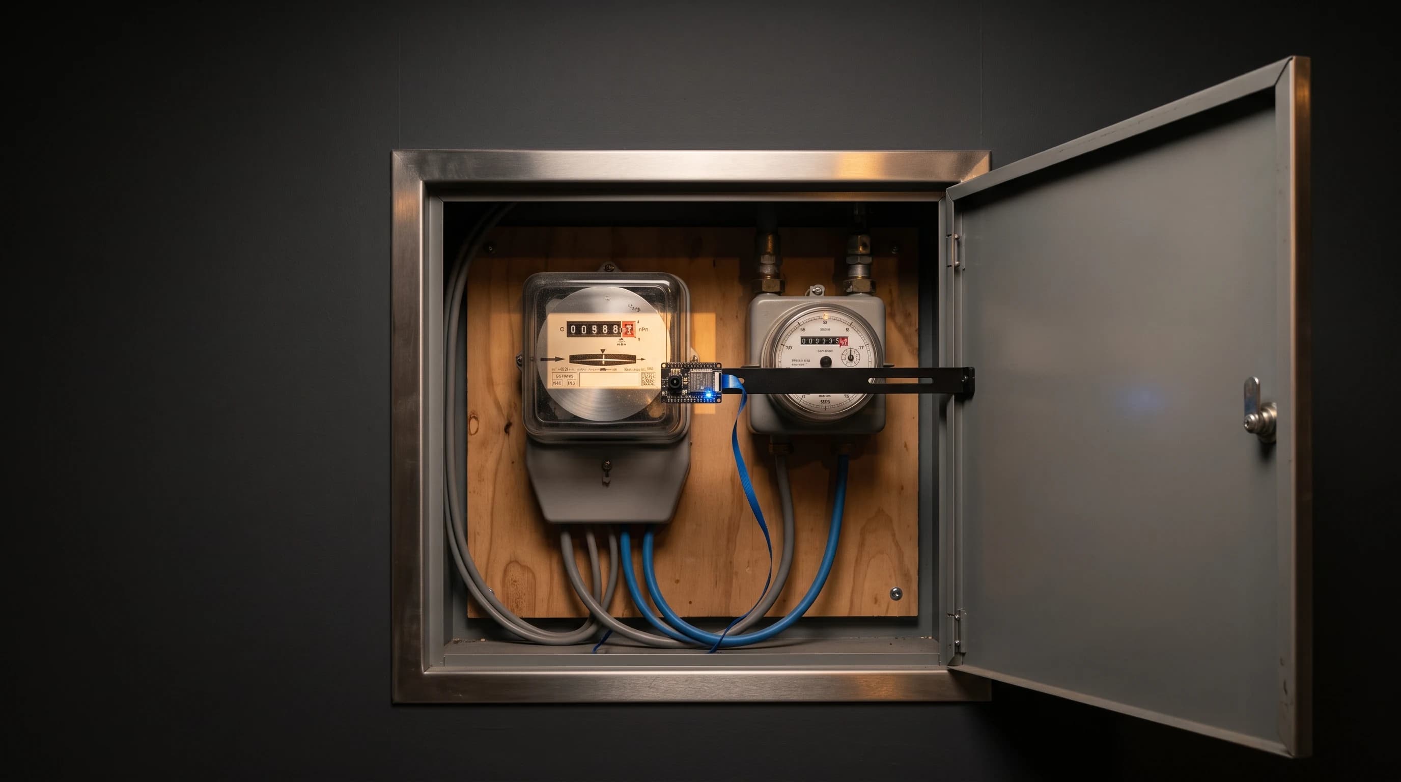 Illustratief: camera-module in een meterkast gericht op een analoge elektriciteitsmeter — beeld bij de case over meterstanden automatisch uitlezen met AI-beeldherkenning