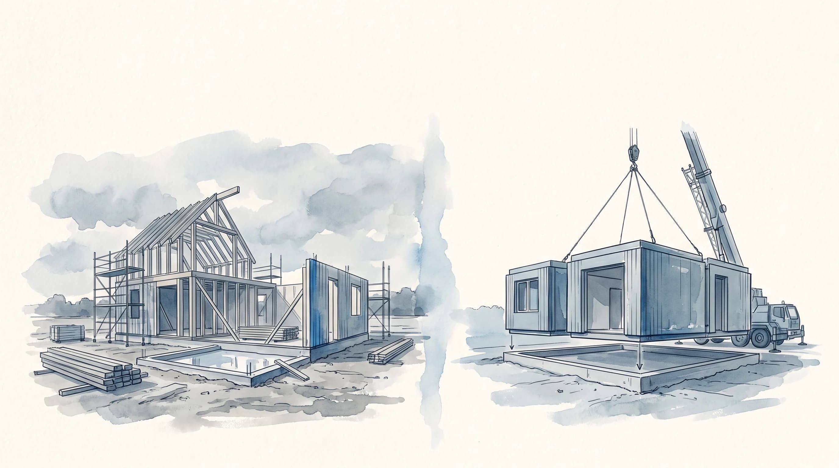 Aquarel van een houtskeletbouw in aanbouw met steigers naast een kant-en-klare prefab-unit die door een kraan op de fundering wordt gezet — zelf opbouwen tegenover uitbesteden
