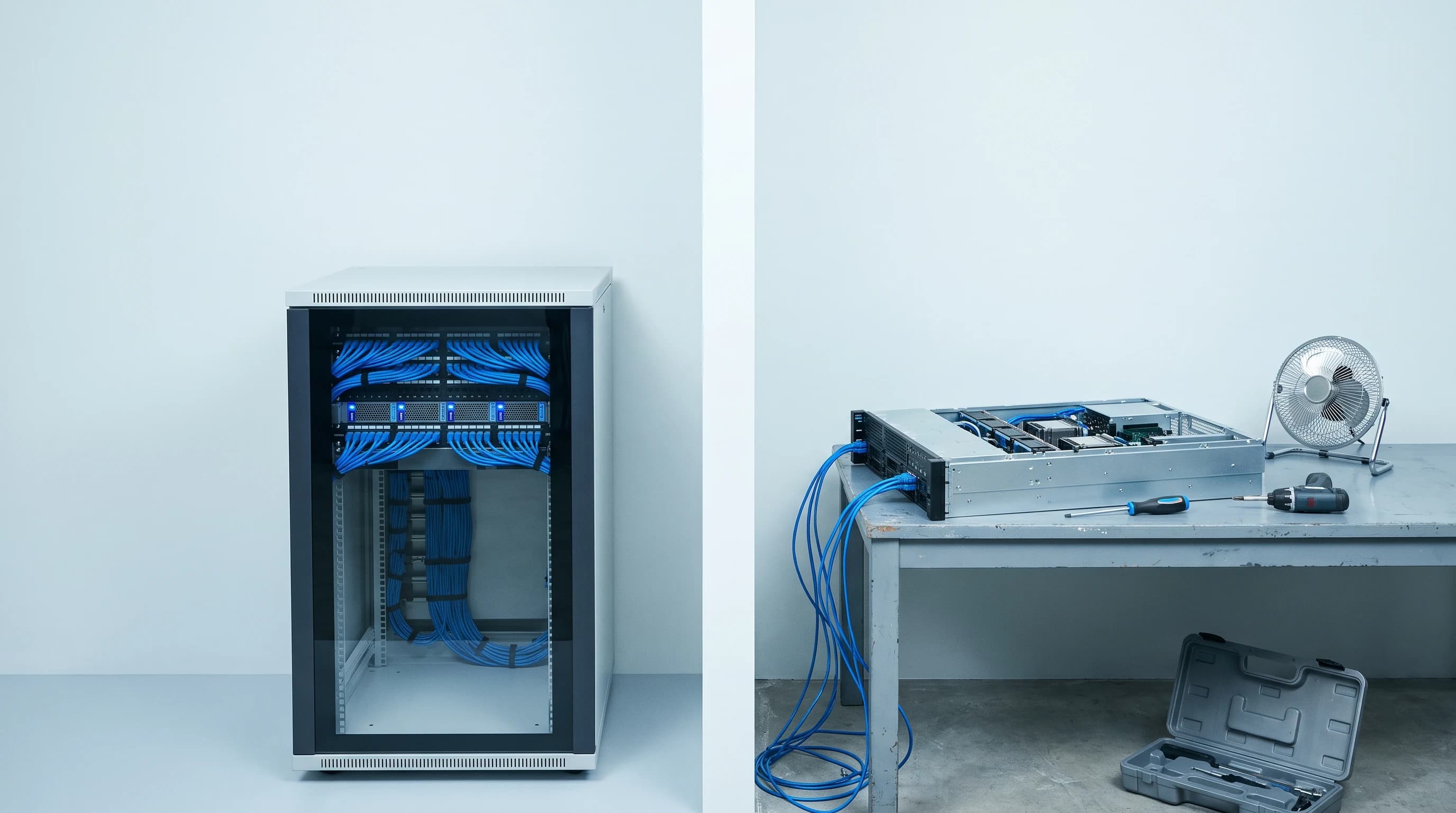 Afgesloten serverkast met strak weggewerkte blauwe bekabeling naast een opengeschroefd serverchassis met gereedschap op een werkbank — managed hosting tegenover zelfbeheer