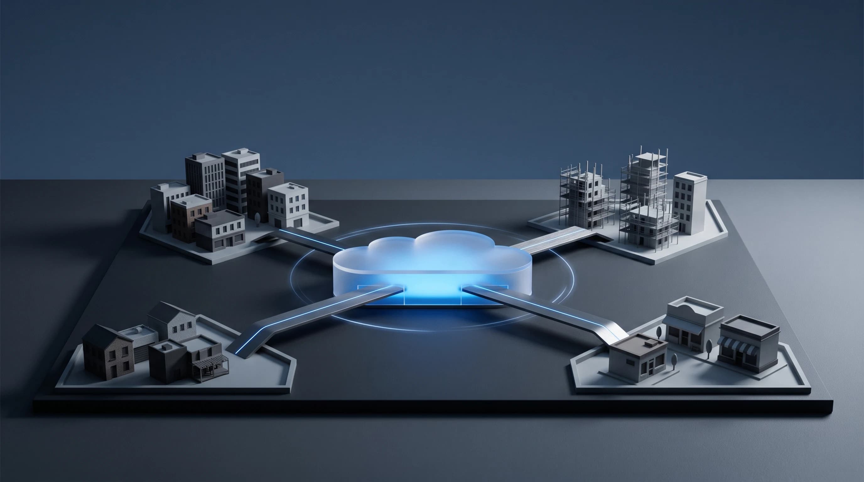 Isometrische illustratie van een centraal cloudplatform met meerdere afgeschermde klantcompartimenten die via lichtlijnen verbinden, met een naamplaatje SaaS en abonnement-iconen