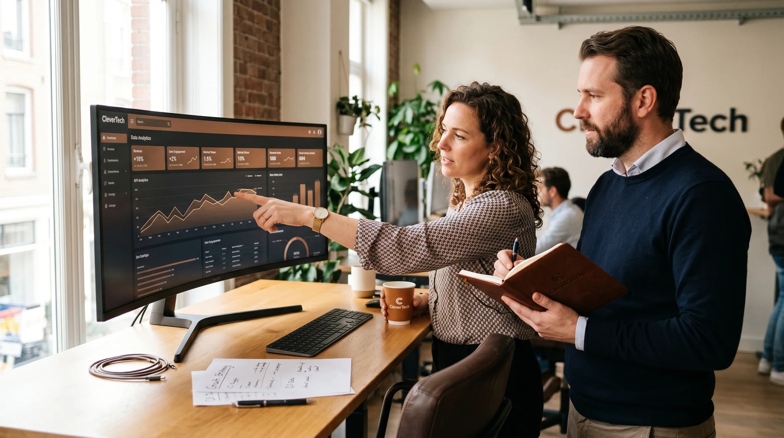 CleverTech team werkt aan data analytics dashboard — editorial workspace photography