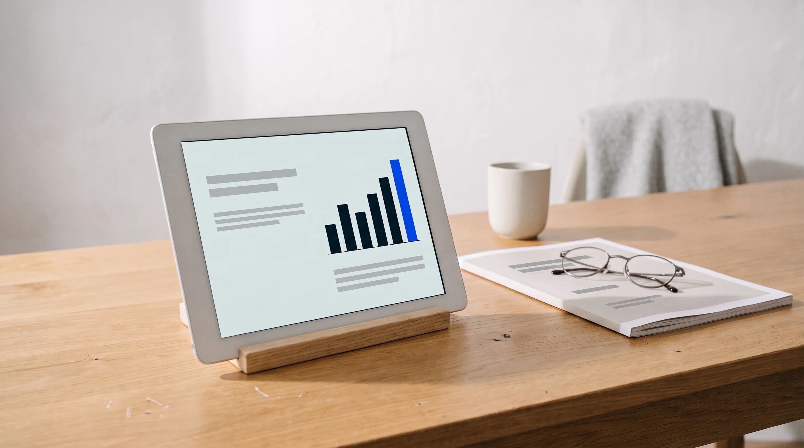 Tablet in een houten standaard toont een rapportpagina met een staafgrafiek; de hoogste staaf is blauw, ernaast een gedrukt rapport.