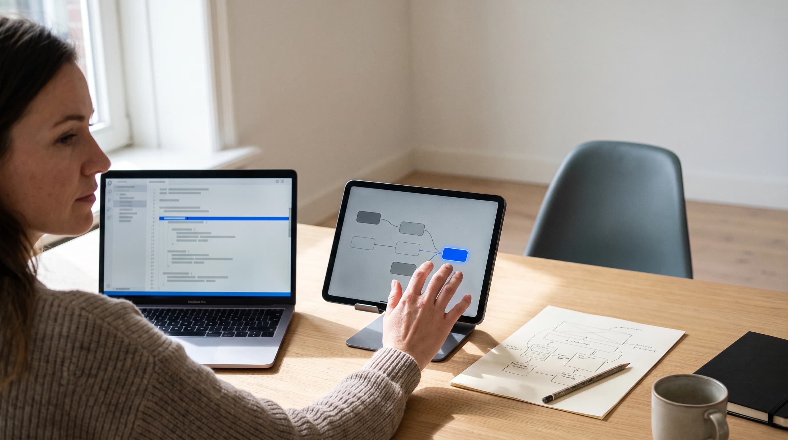 Ontwikkelaar aan een bureau met drie bouwroutes naast elkaar: een laptop met code, een tablet met een knooppuntencanvas en een handgetekende architectuurschets op papier