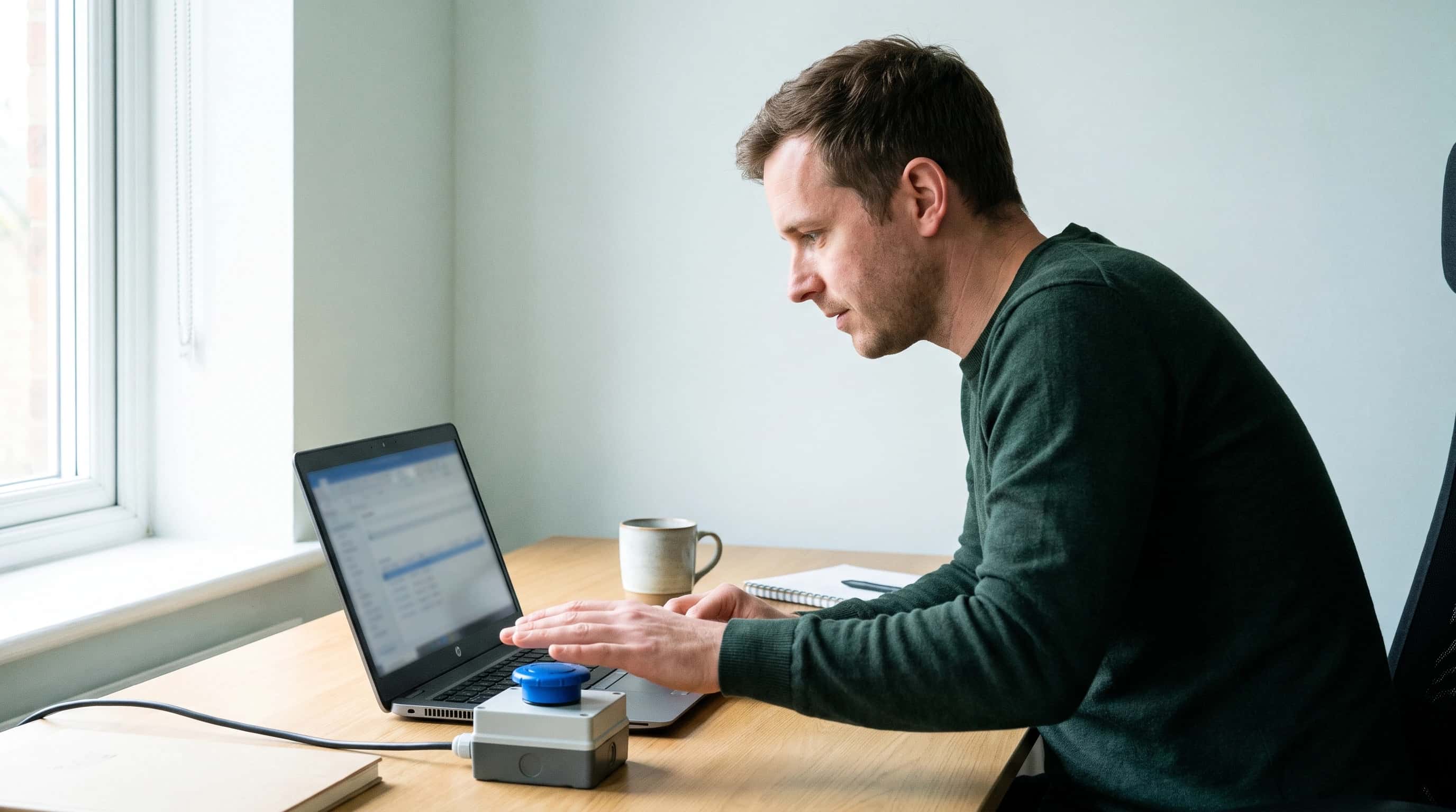 Medewerker aan een bureau kijkt op een laptop mee met een lopend proces en houdt een hand boven een blauwe noodstopknop naast het toetsenbord
