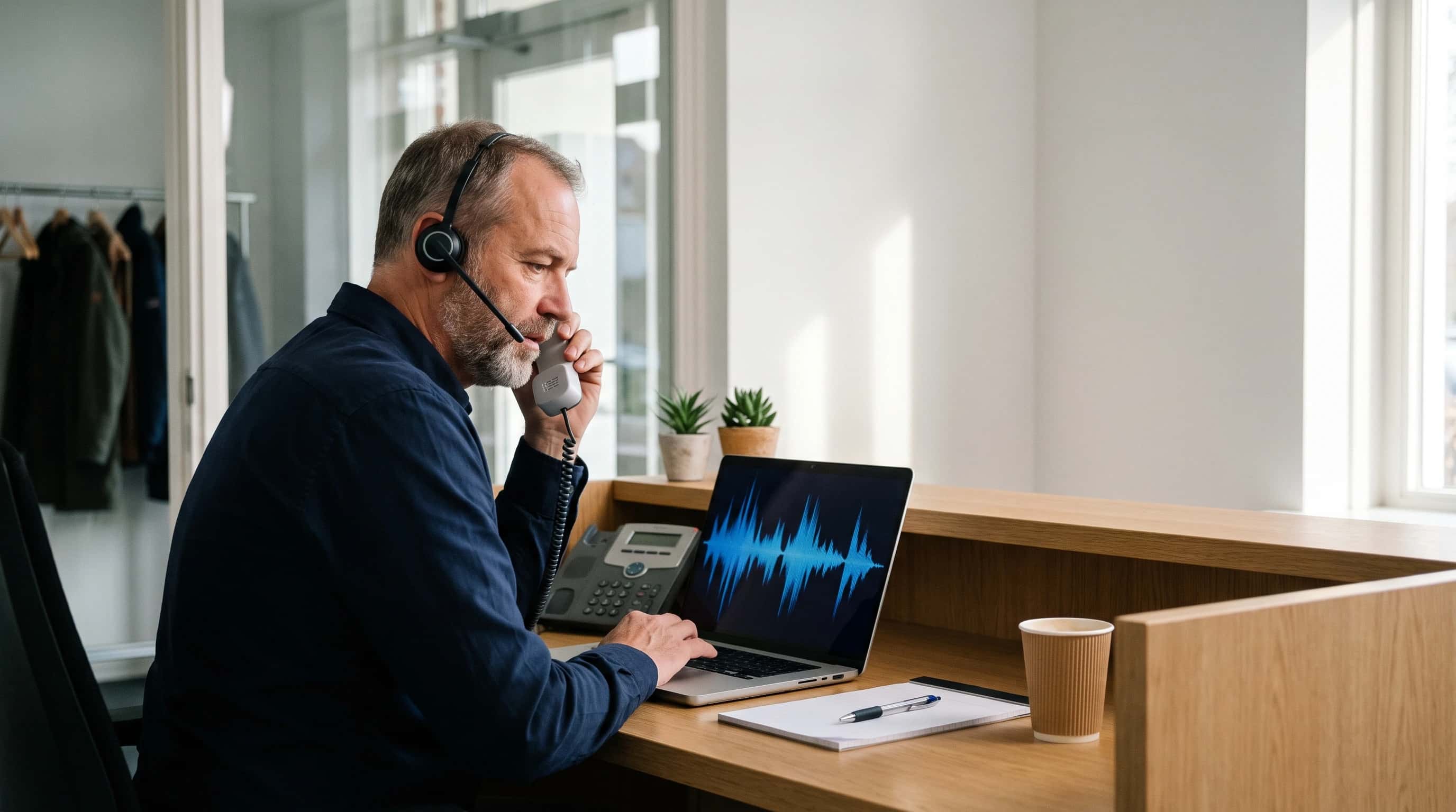 Medewerker met headset aan een receptiebalie luistert een testgesprek terug op een laptop met een geluidsgolf, naast een bureautelefoon